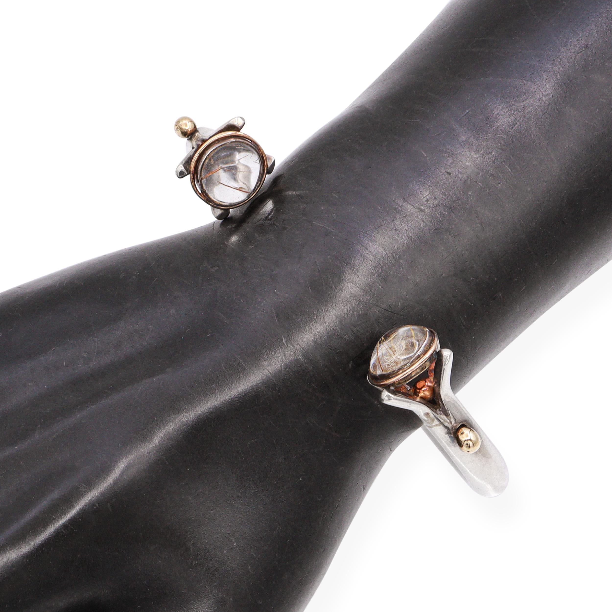 Vintage 14K Yellow Gold Sterling Silver Rutilated Quartz Open Cuff Bracelet