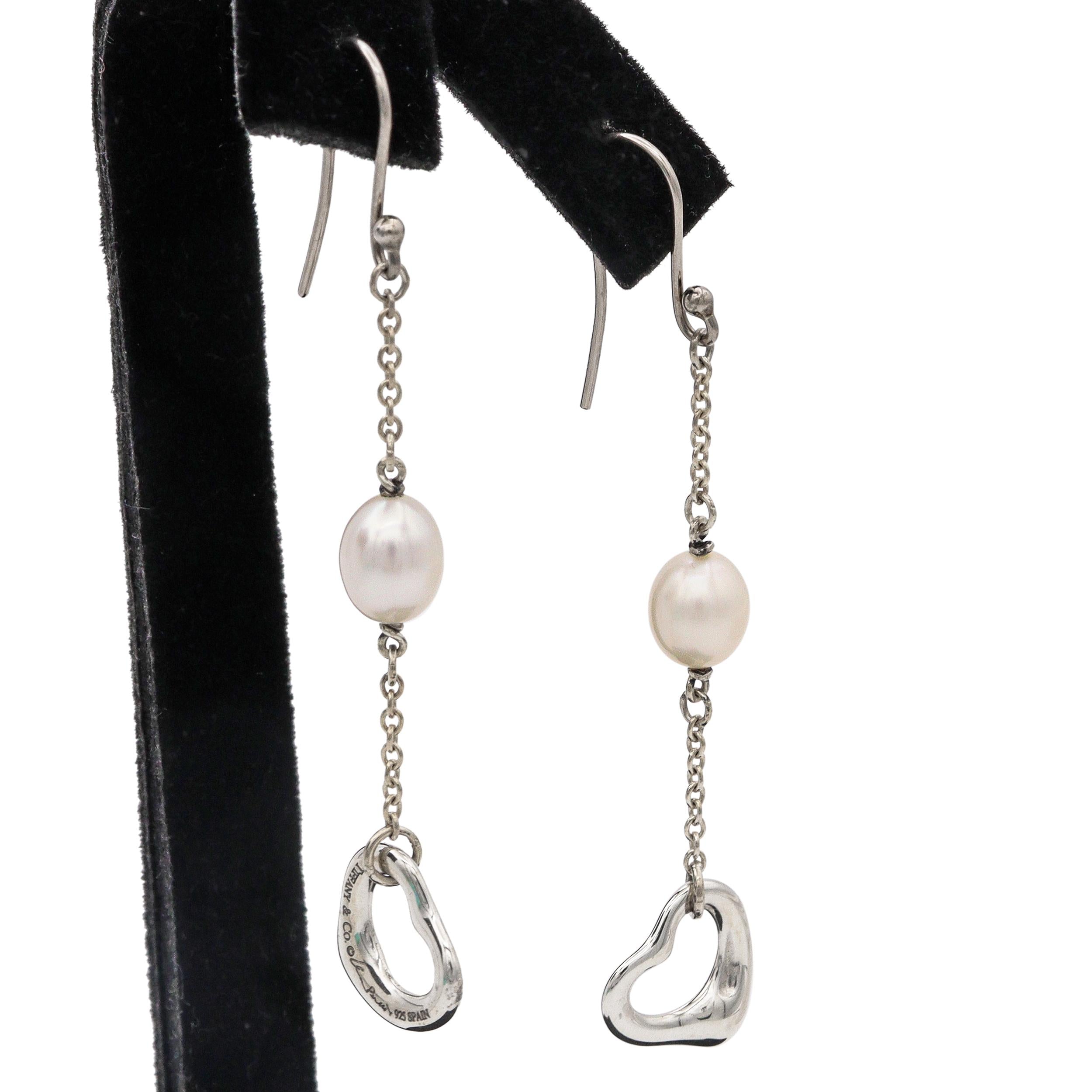 Tiffany & Co Elsa Peretti Open Heart Pearl Silver Drop Earrings