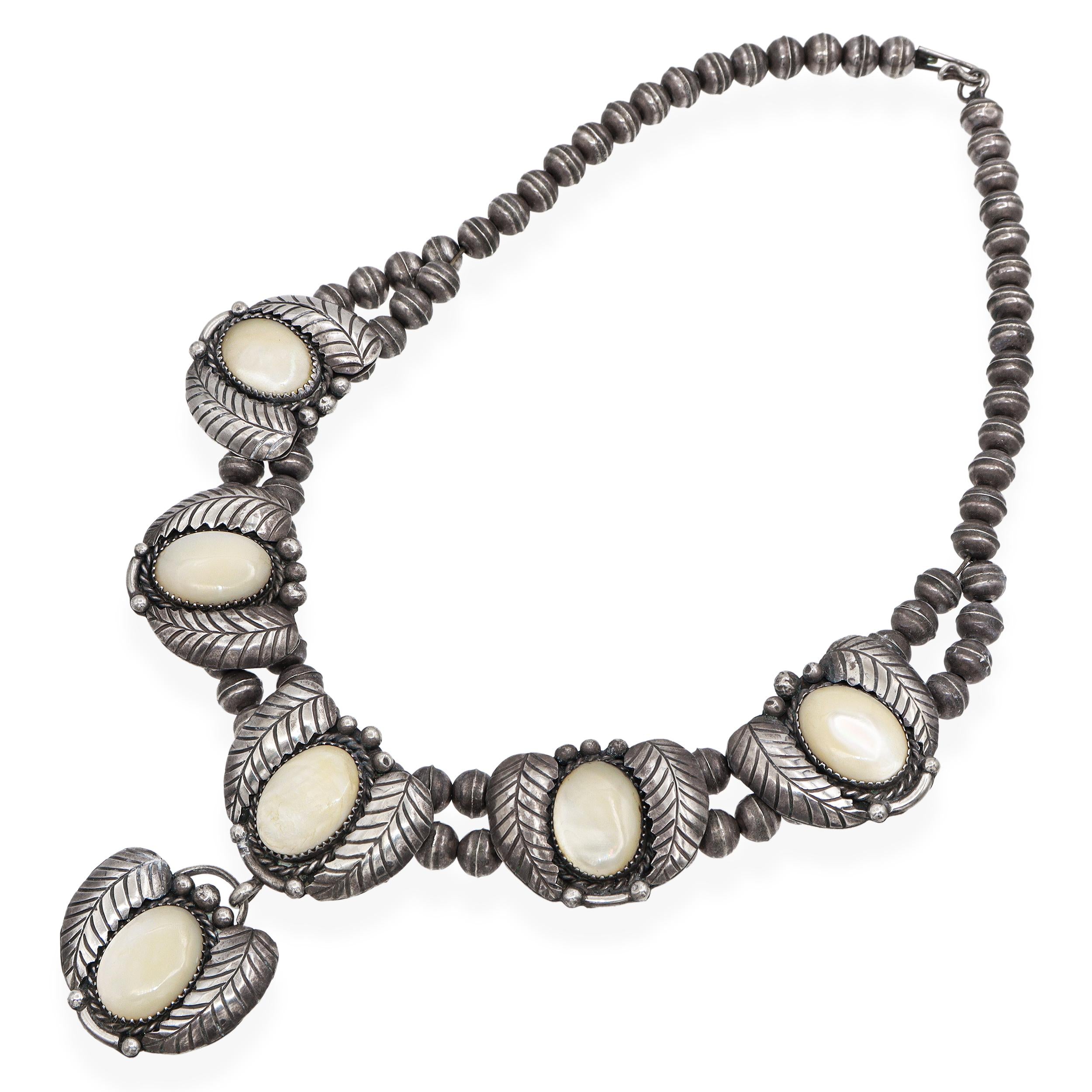 Vintage WS Signed Southwest Sterling Silver Mother of Pearl Statement Necklace