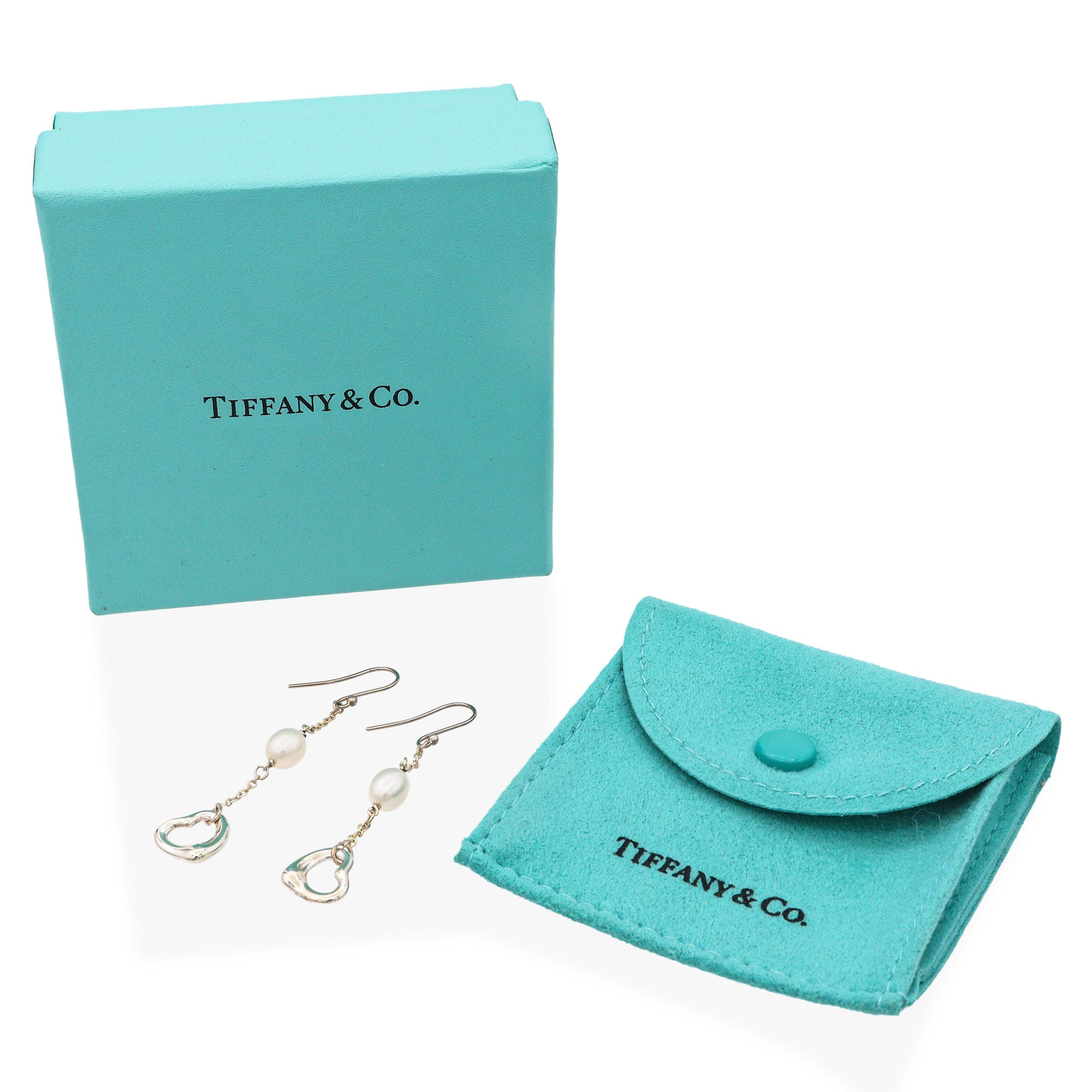 Tiffany & Co Elsa Peretti Open Heart Pearl Silver Drop Earrings