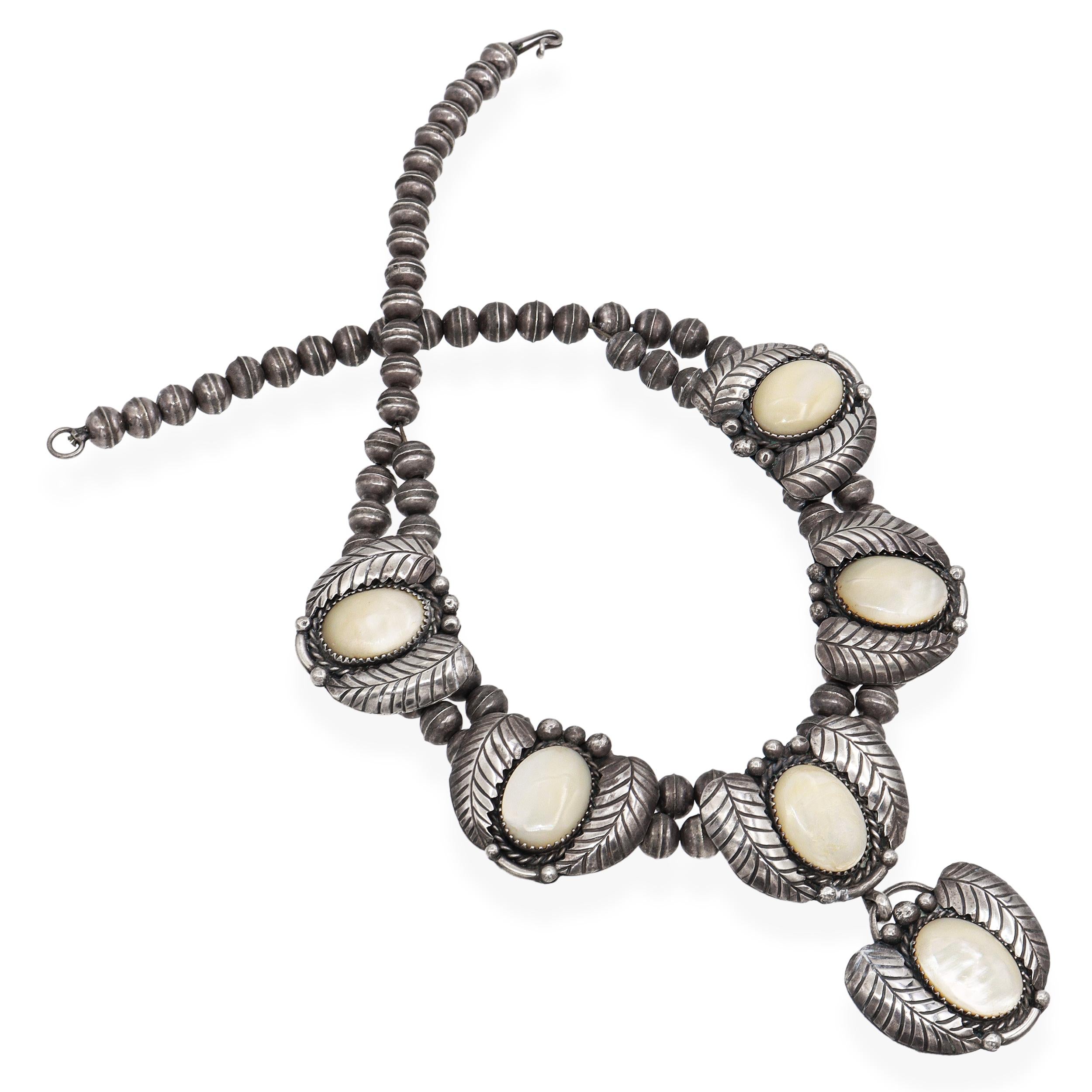 Vintage WS Signed Southwest Sterling Silver Mother of Pearl Statement Necklace