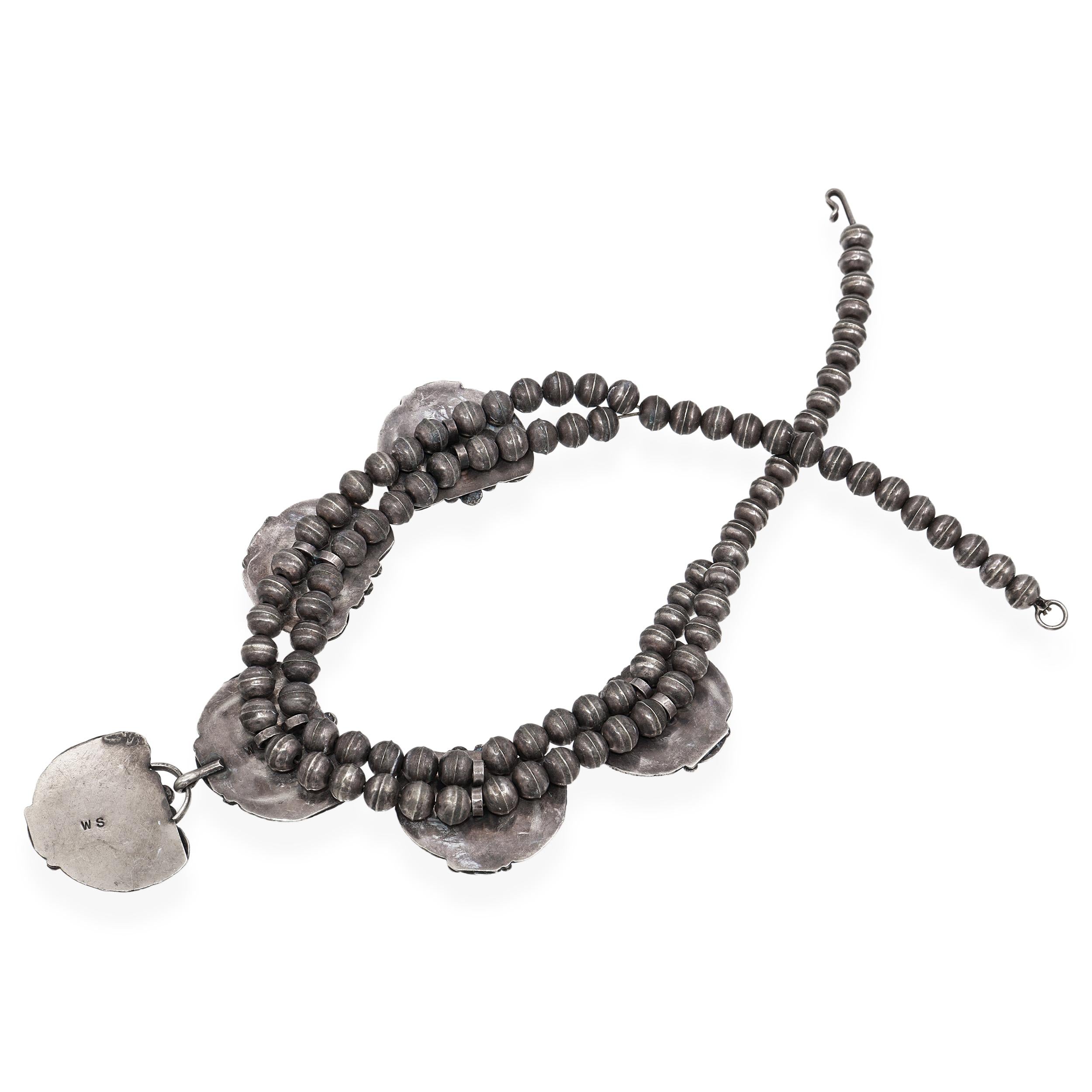 Vintage WS Signed Southwest Sterling Silver Mother of Pearl Statement Necklace