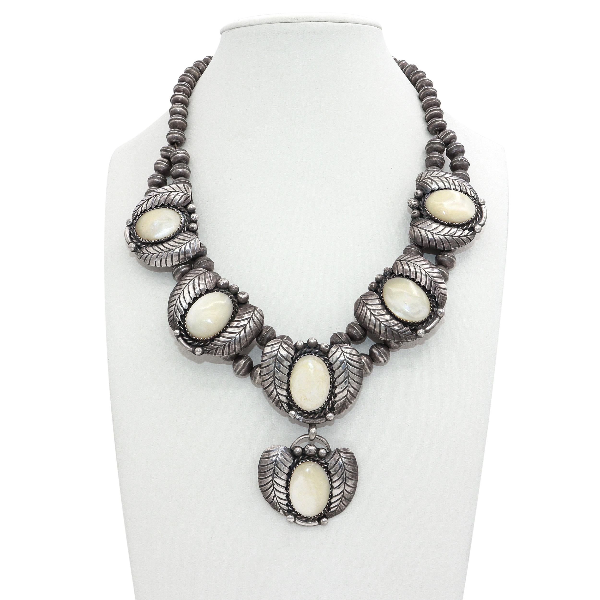 Vintage WS Signed Southwest Sterling Silver Mother of Pearl Statement Necklace