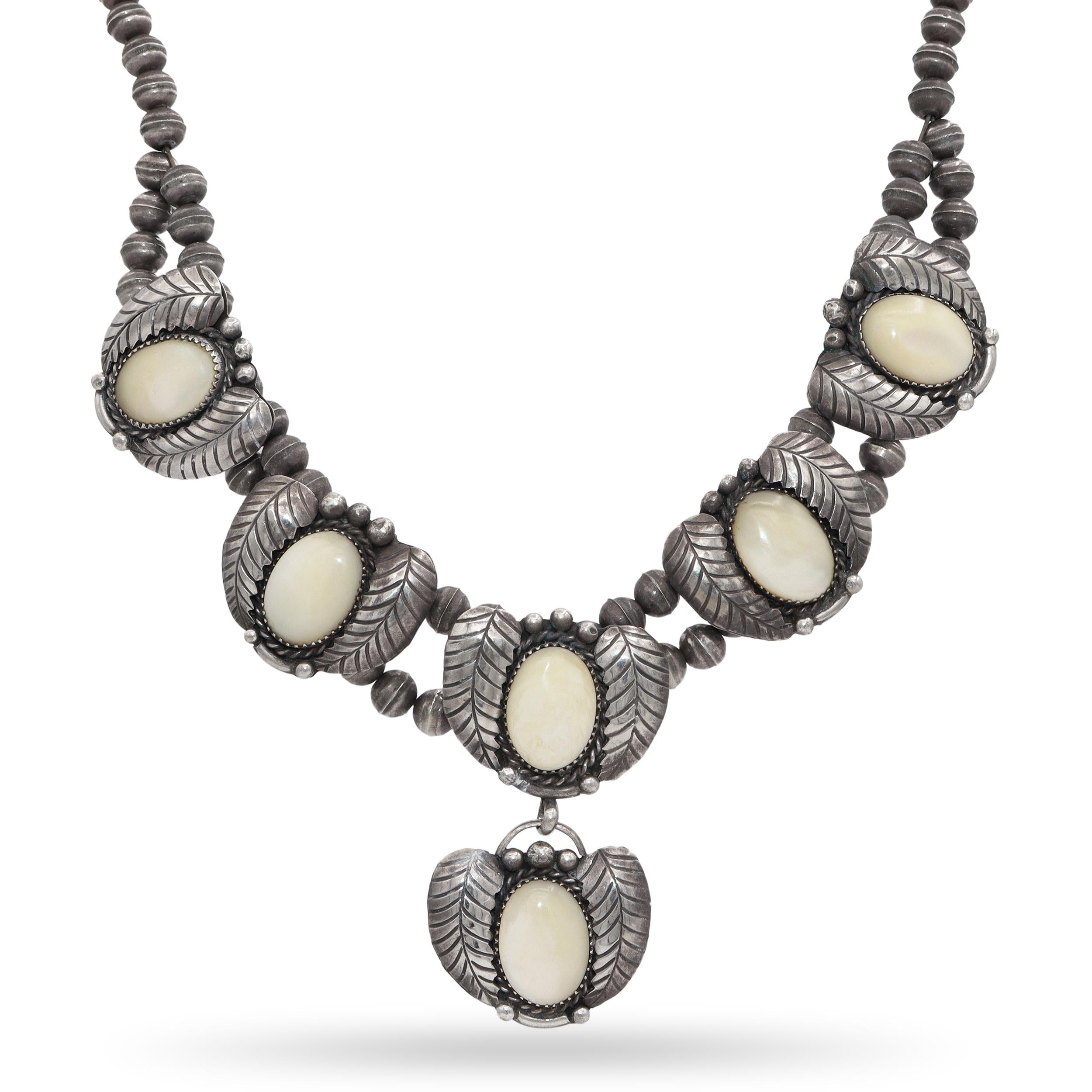 Vintage WS Signed Southwest Sterling Silver Mother of Pearl Statement Necklace