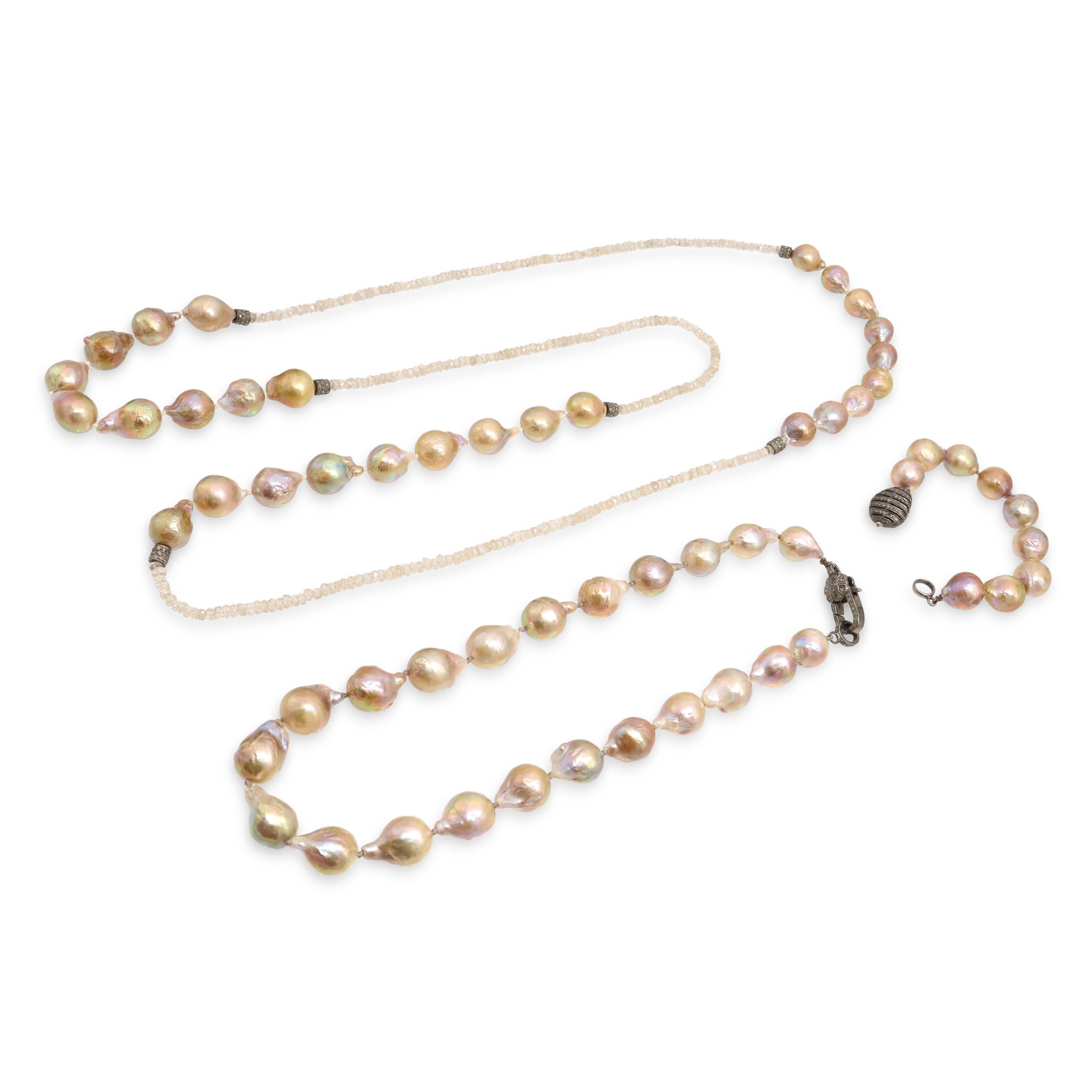 Vintage Silver Baroque Pearl, Diamond, and Topaz Necklaces and Bracelet Set