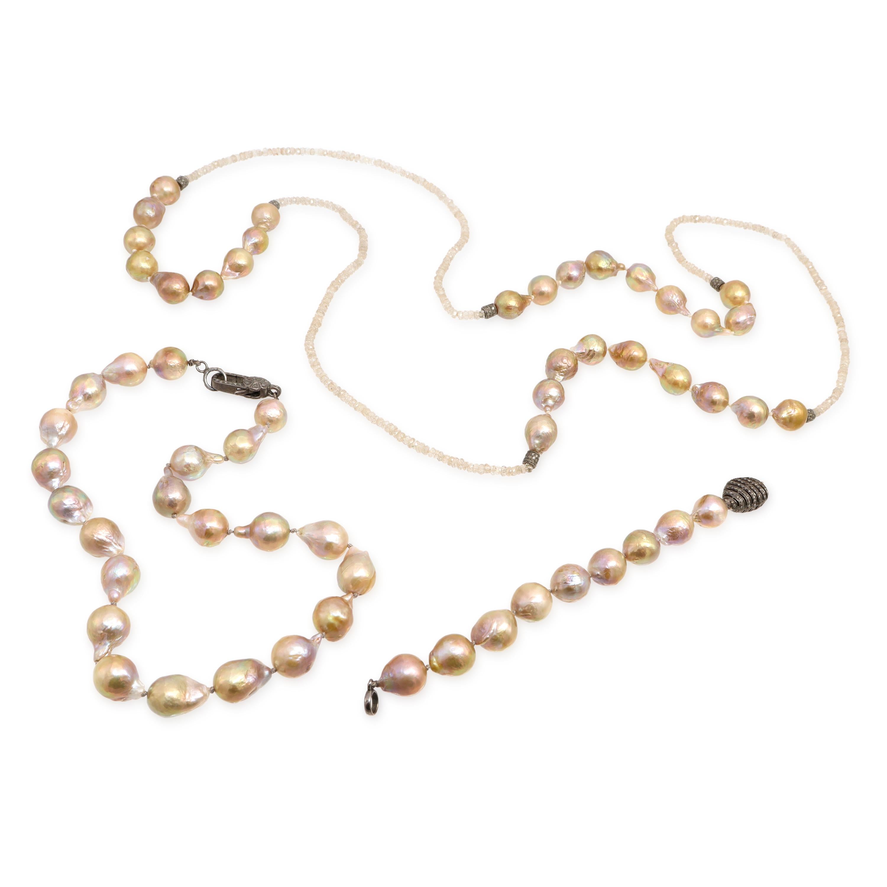 Vintage Silver Baroque Pearl, Diamond, and Topaz Necklaces and Bracelet Set