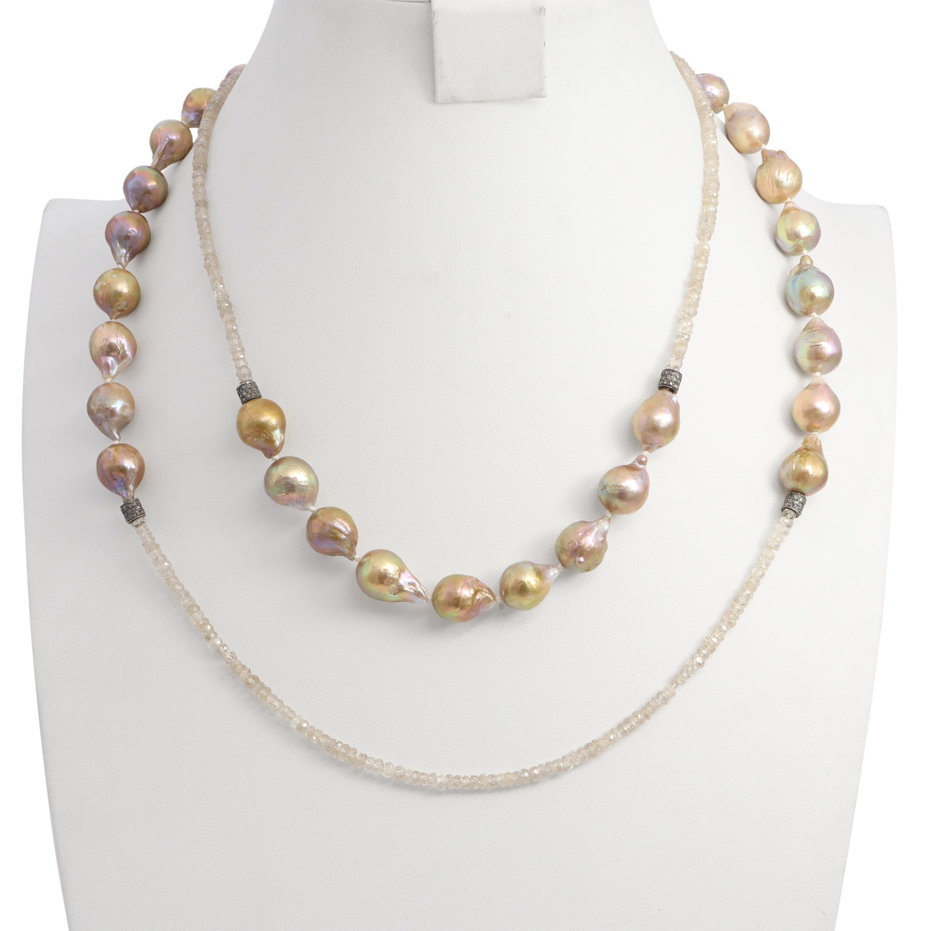 Vintage Silver Baroque Pearl, Diamond, and Topaz Necklaces and Bracelet Set