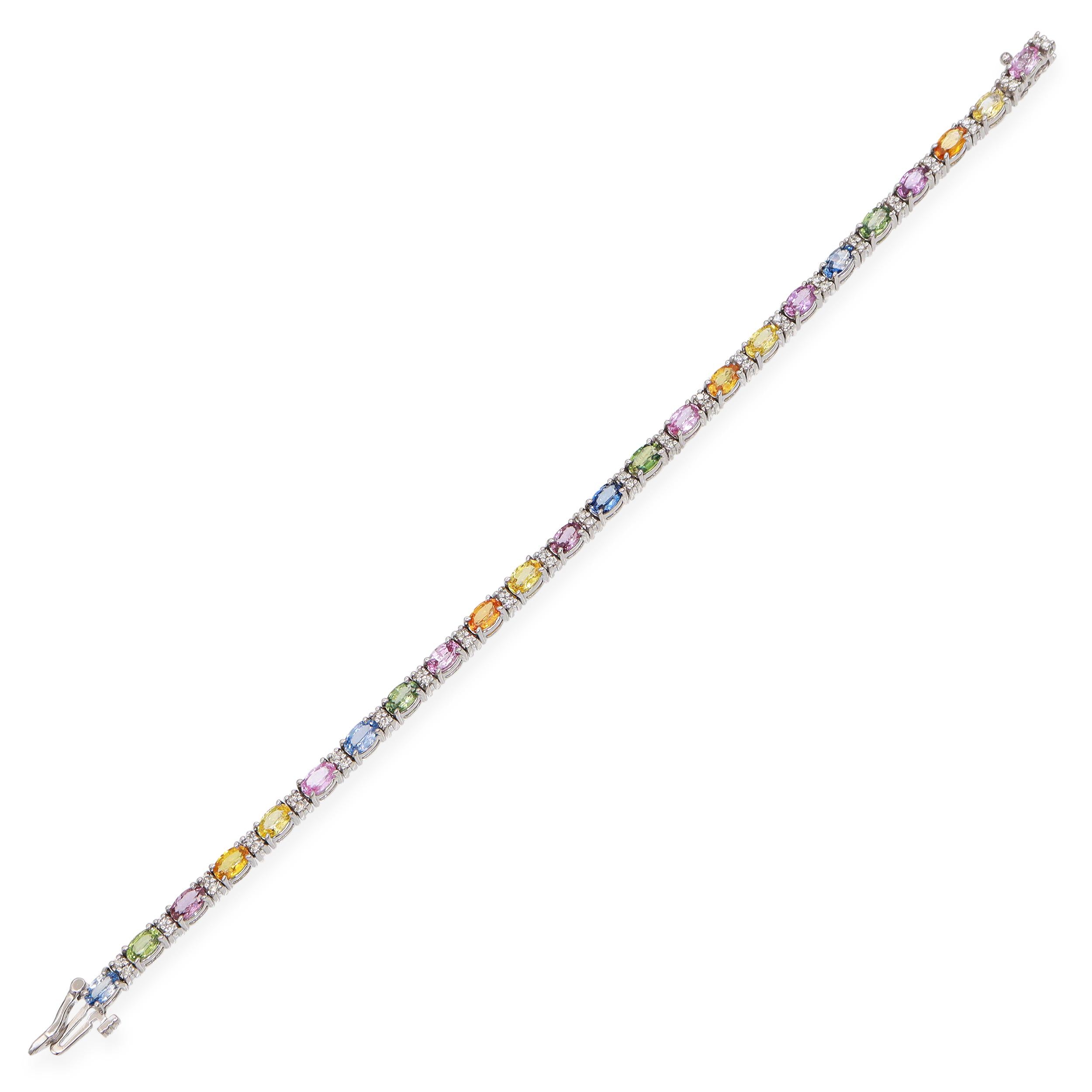 14K White Gold 6.72 tcw Multi-Color Sapphire & Diamond Tennis Bracelet