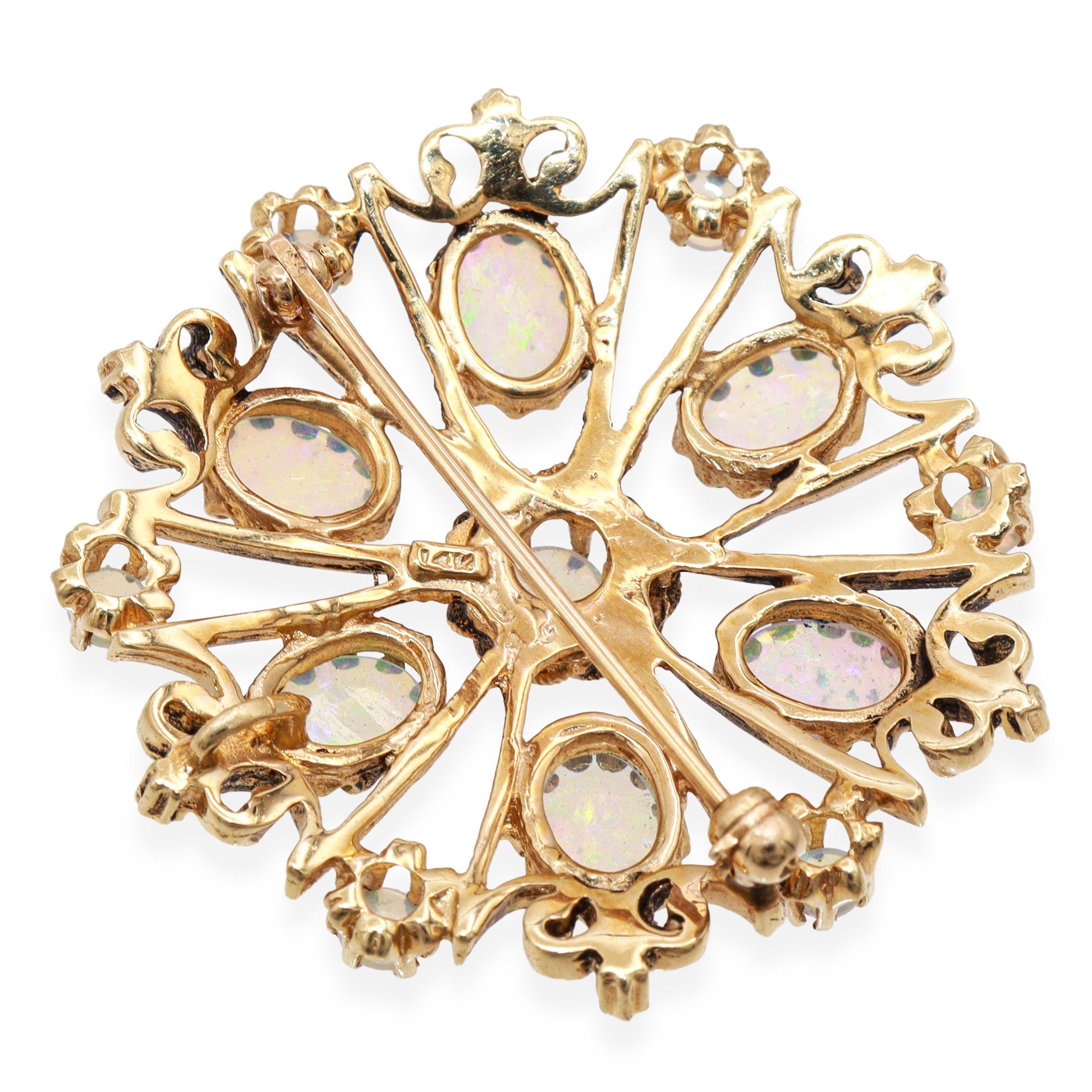 Vintage 14K Yellow Gold Opal Cluster Floral Brooch Pin