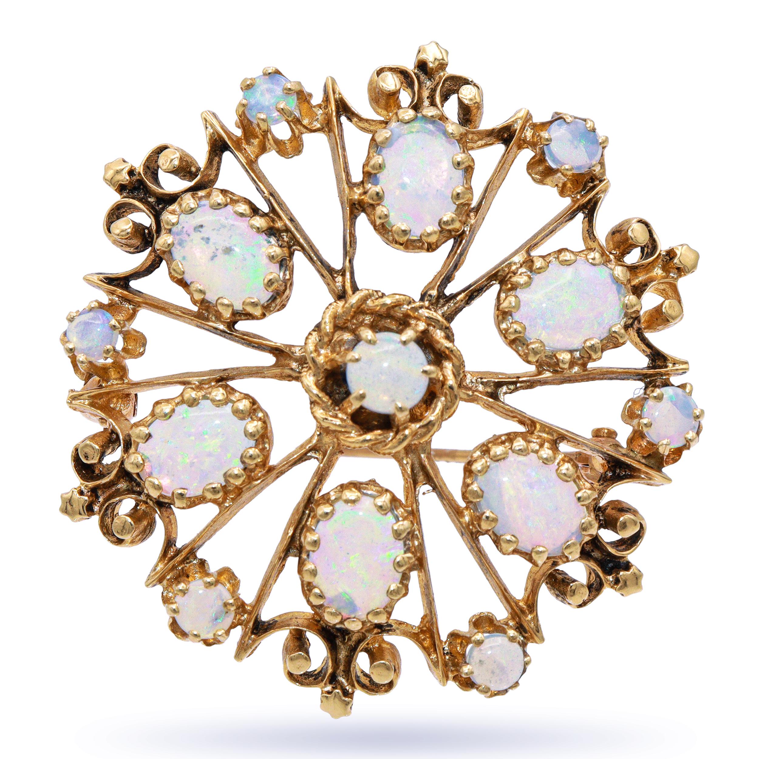 Vintage 14K Yellow Gold Opal Cluster Floral Brooch Pin