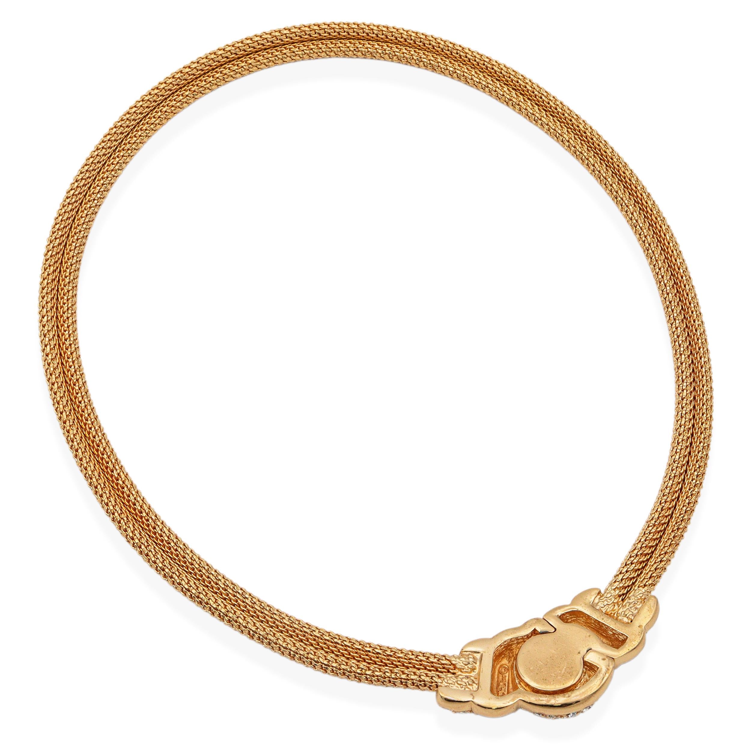 Vintage Christian Dior Gold Plated Mesh Hidden Clasp Rhinestones Necklace