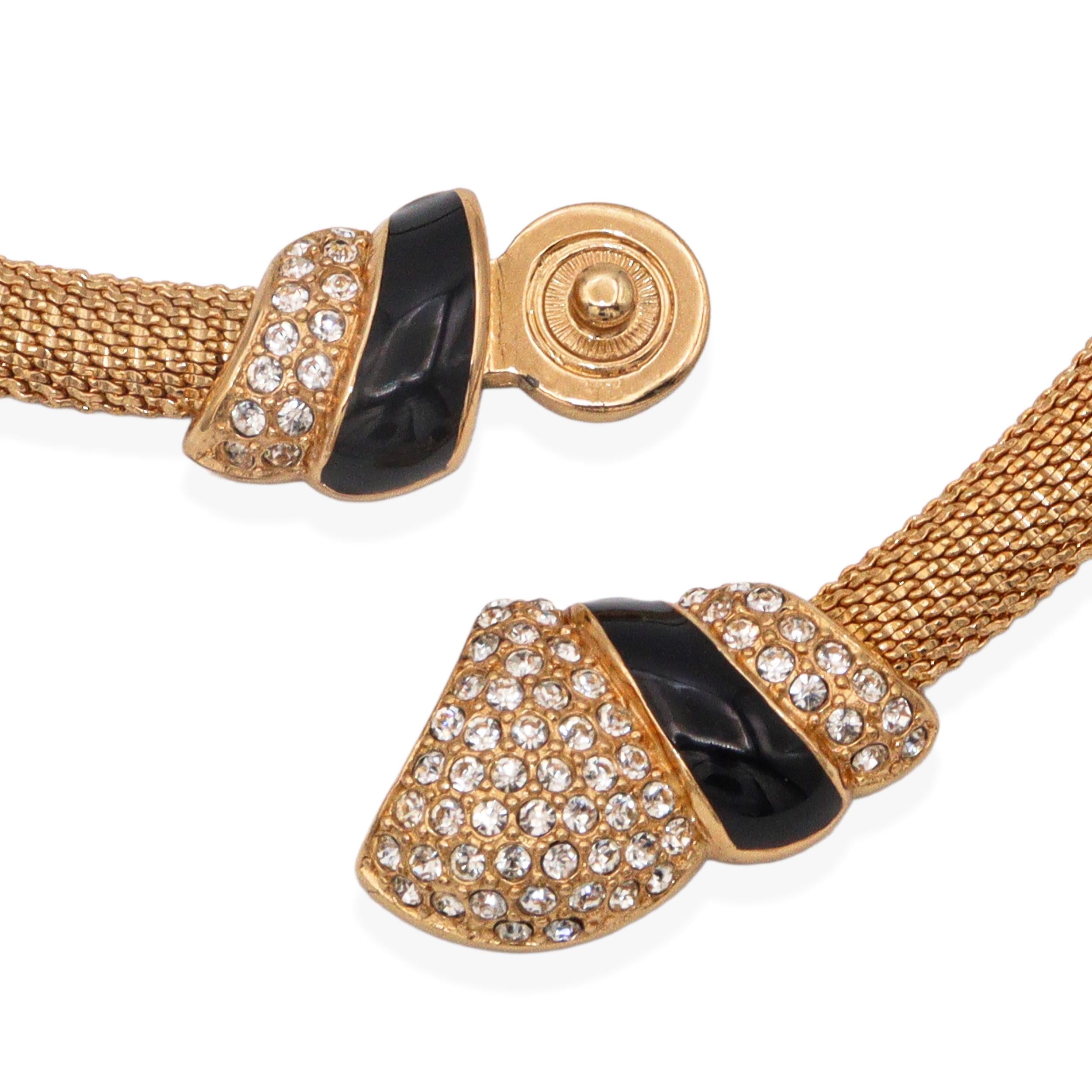 Vintage Christian Dior Gold Plated Mesh Hidden Clasp Rhinestones Necklace