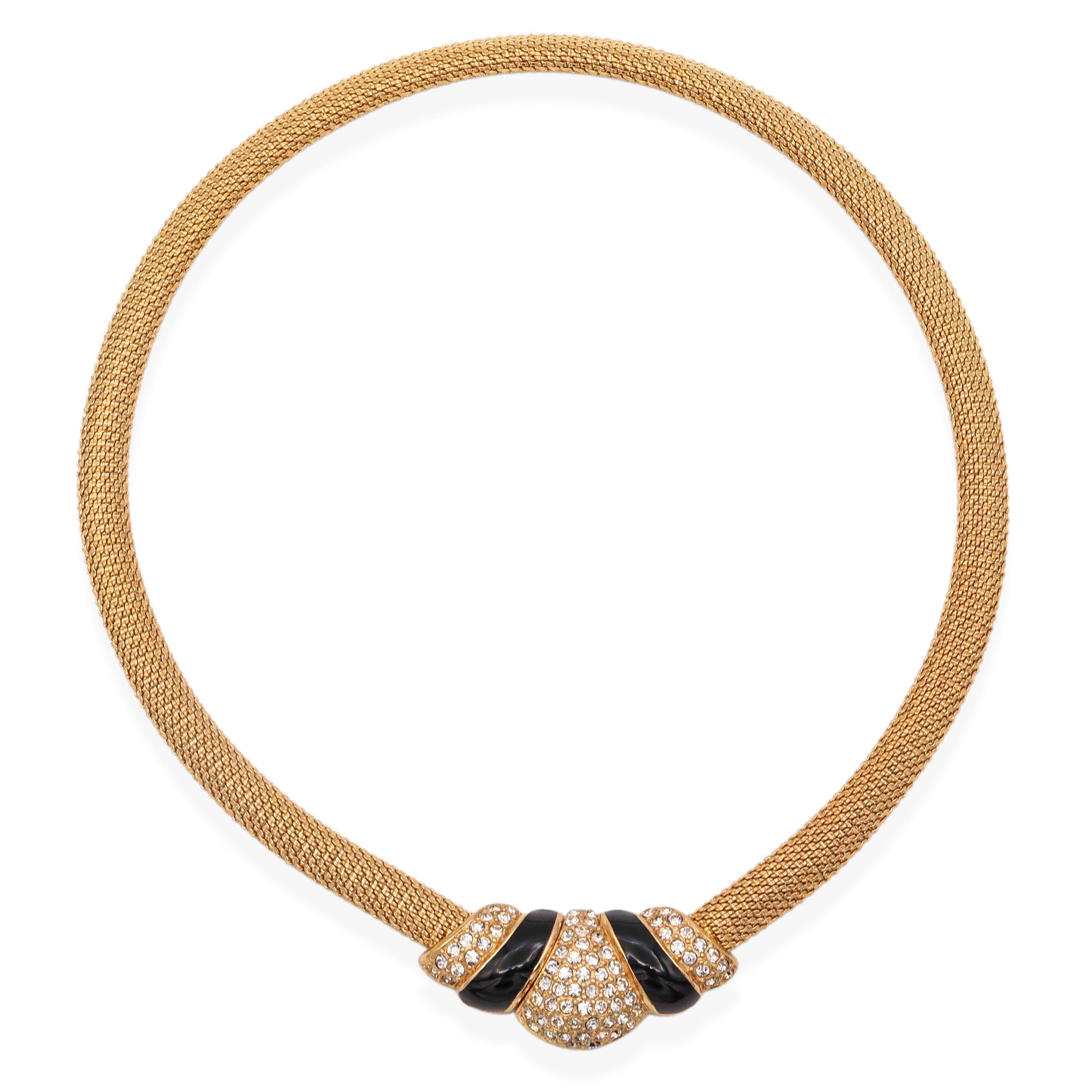 Vintage Christian Dior Gold Plated Mesh Hidden Clasp Rhinestones Necklace