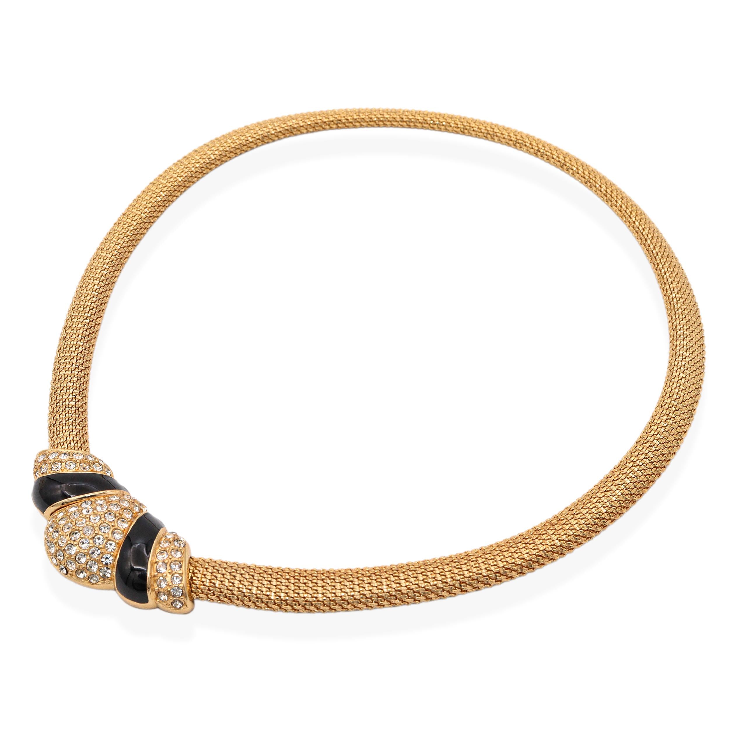 Vintage Christian Dior Gold Plated Mesh Hidden Clasp Rhinestones Necklace