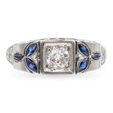 Vintage 18K White Gold Old European Cut Diamond Lab Sapphire Filigree Ring