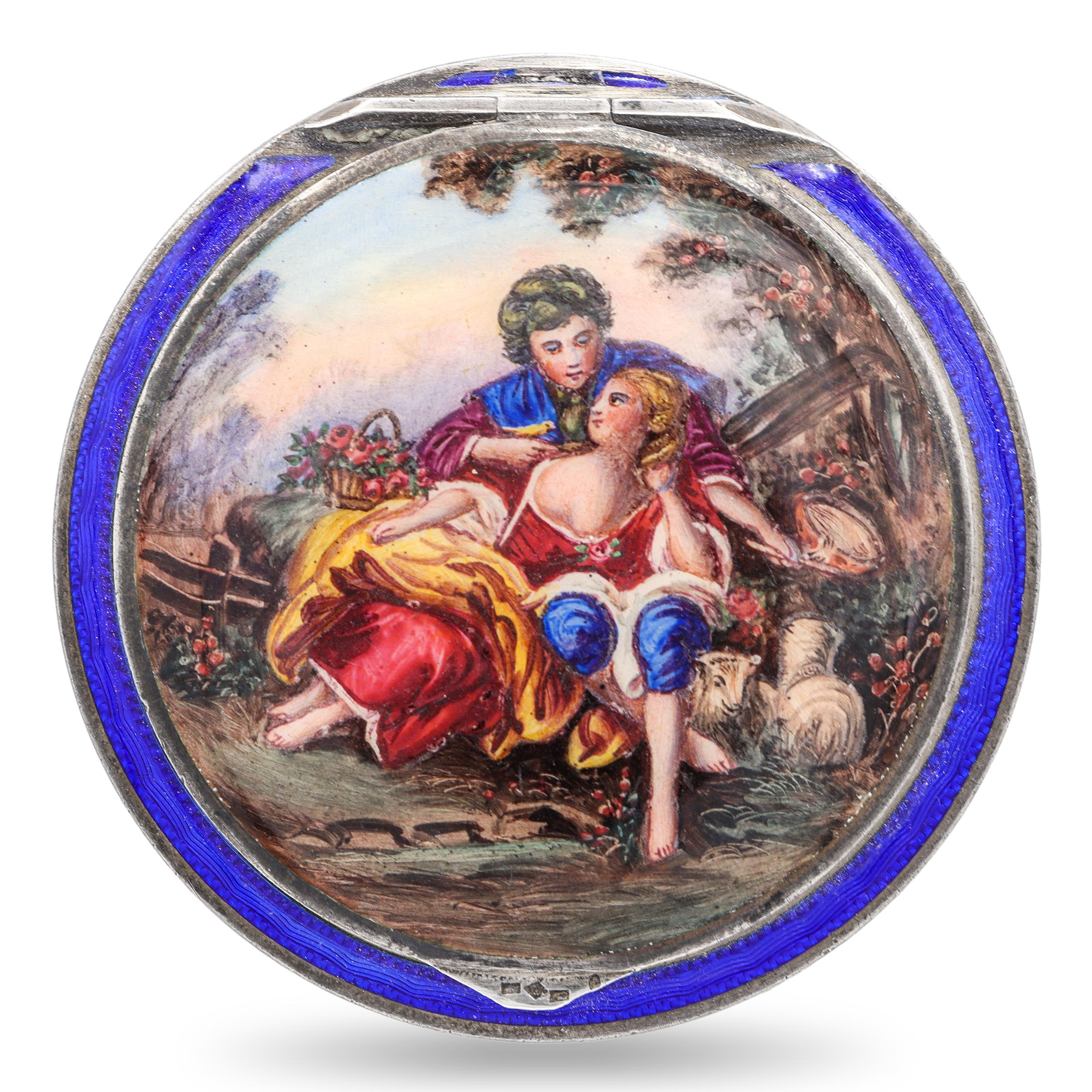 Antique 900 Silver and Enamel Painted Makeup Compact