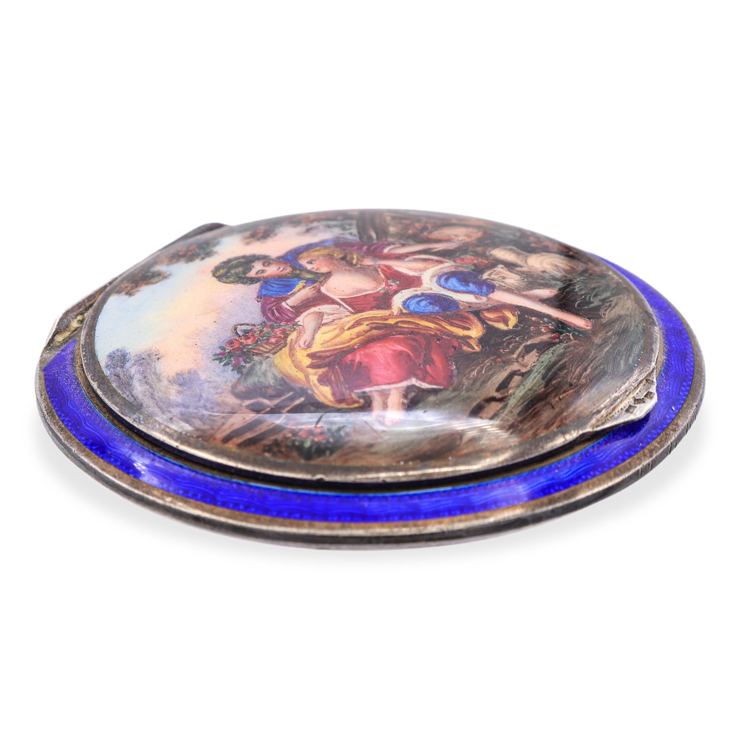 Antique 900 Silver and Enamel Painted Makeup Compact