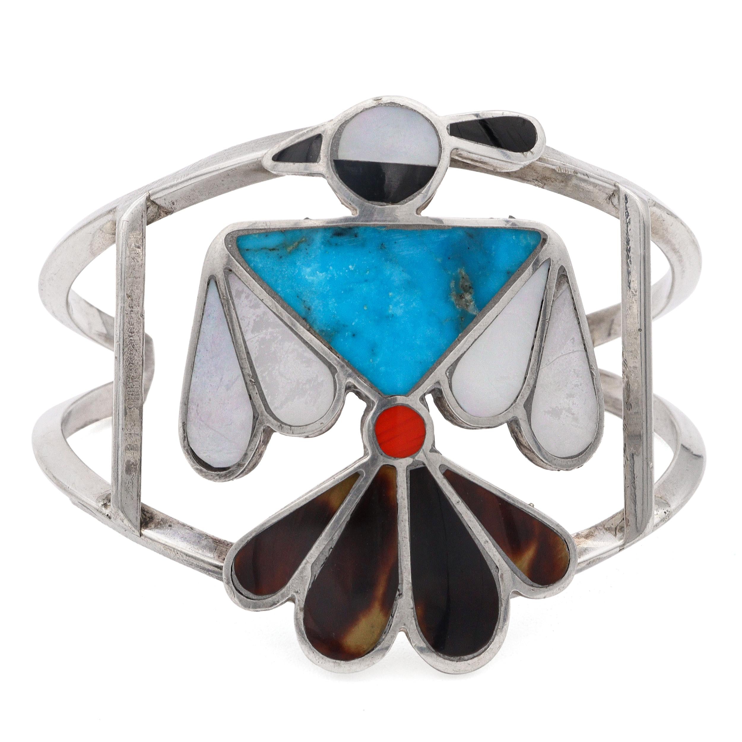 Vintage Zuni Sterling Silver Multi-Stone Inlay Thunderbird Cuff Bracelet