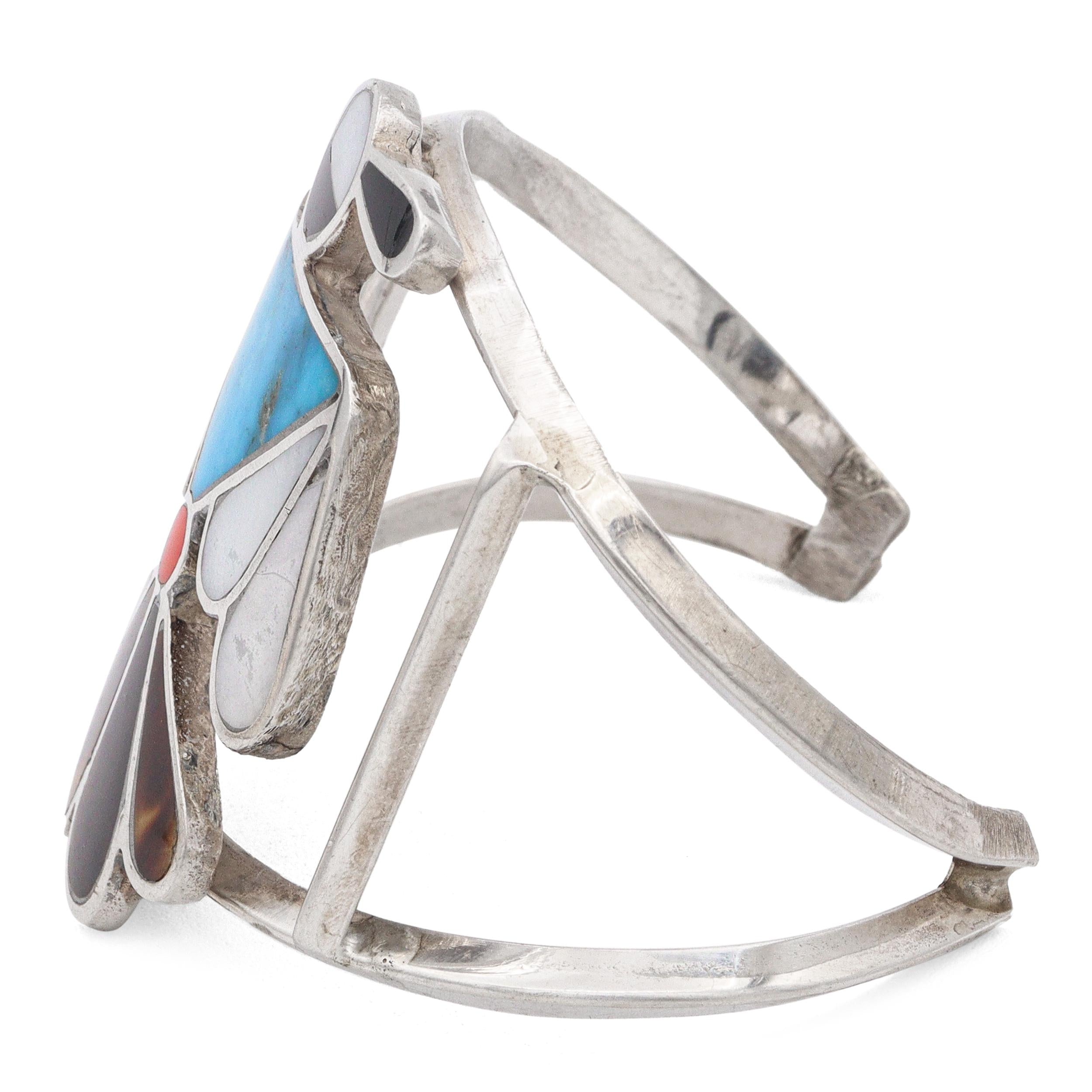 Vintage Zuni Sterling Silver Multi-Stone Inlay Thunderbird Cuff Bracelet