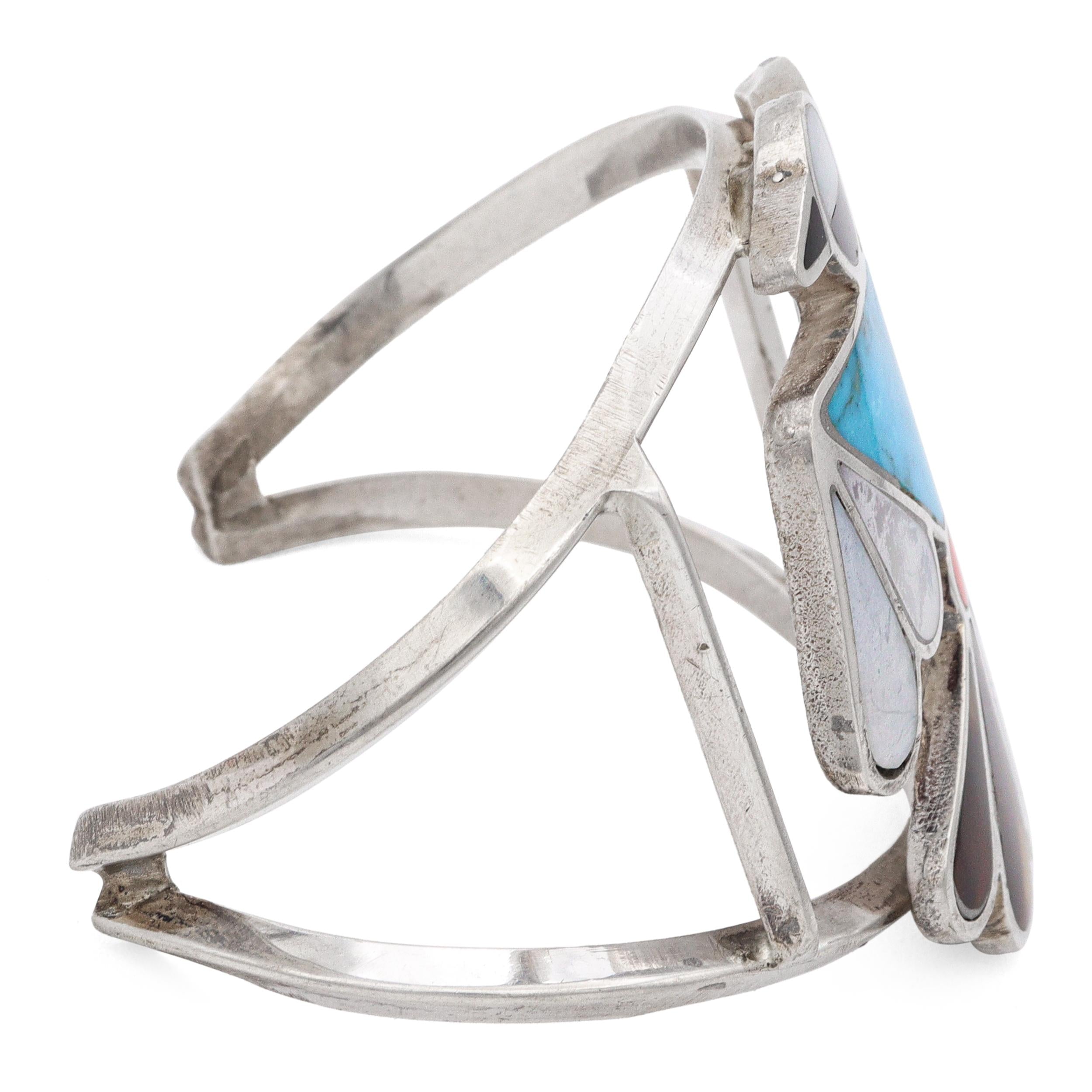 Vintage Zuni Sterling Silver Multi-Stone Inlay Thunderbird Cuff Bracelet