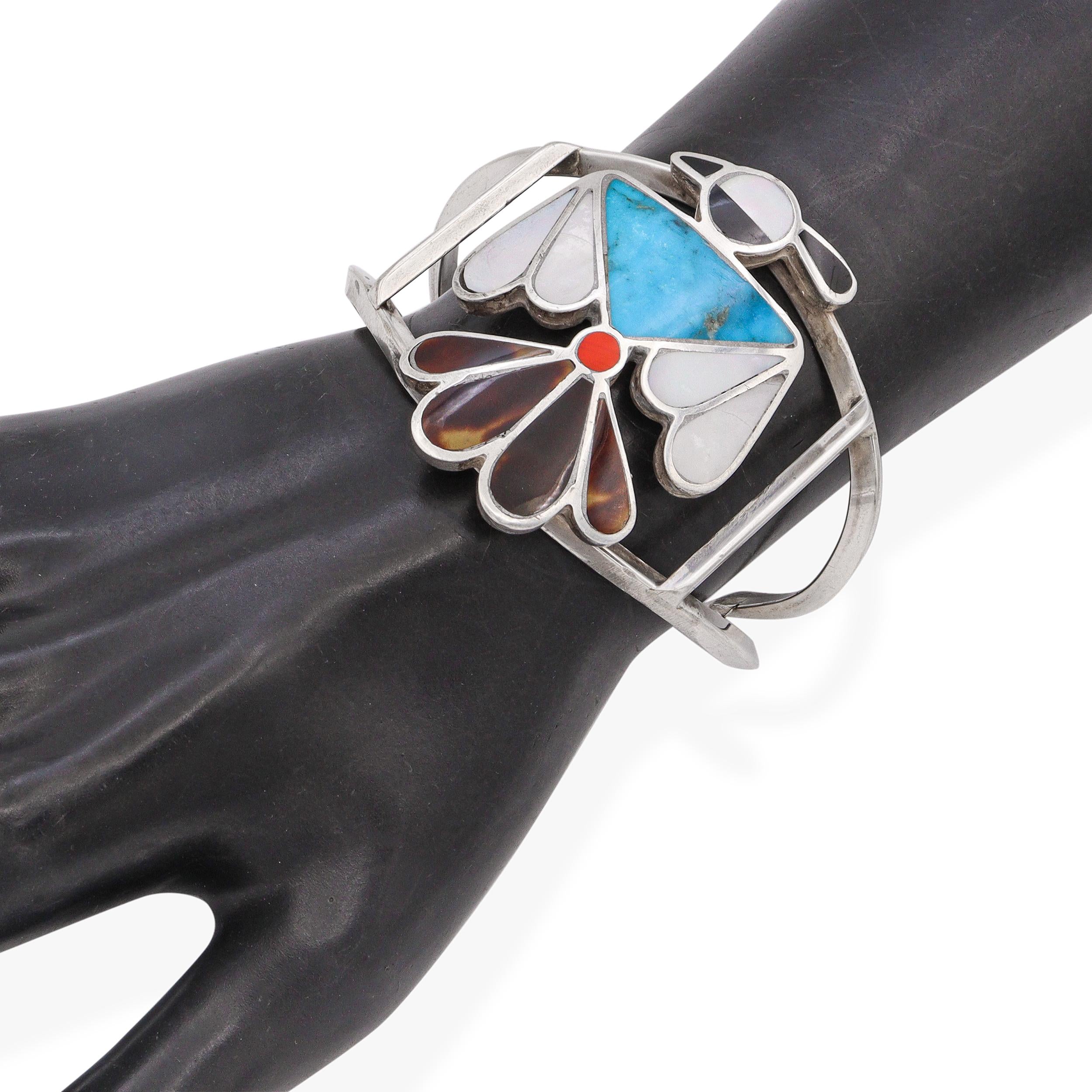 Vintage Zuni Sterling Silver Multi-Stone Inlay Thunderbird Cuff Bracelet