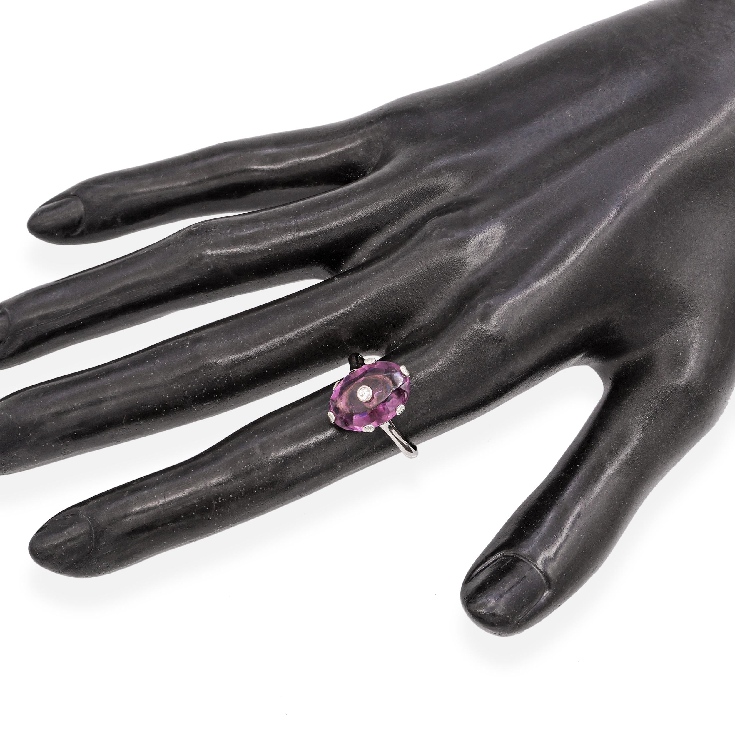 Vintage 16K White Gold Amethyst Diamond Ring
