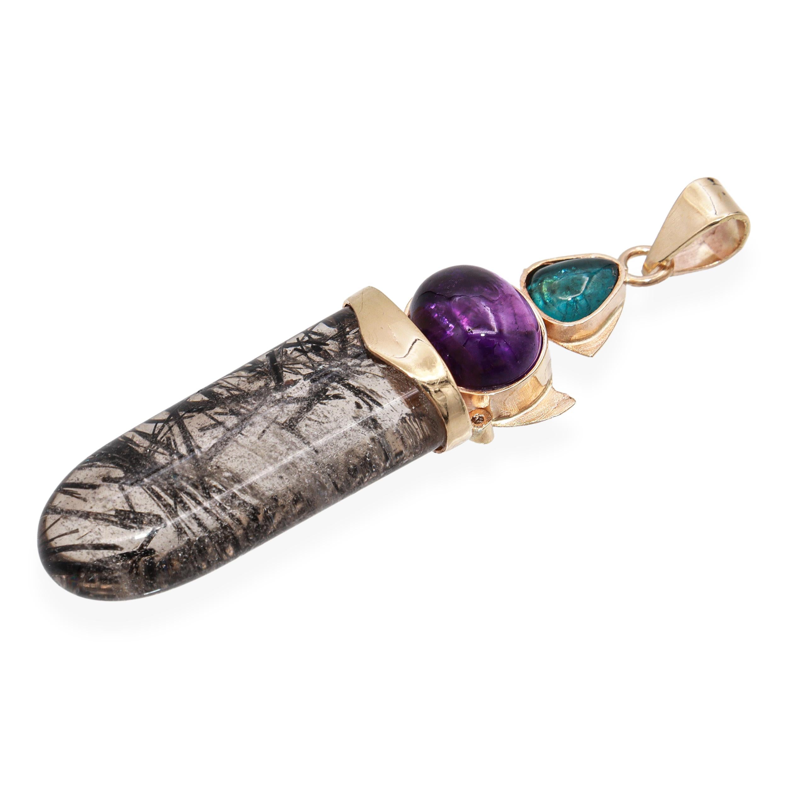 Vintage 13K Yellow Gold Sagenitic Quartz Tourmaline & Amethyst Pendant