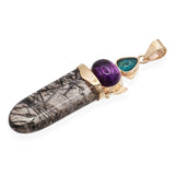 Vintage 13K Yellow Gold Sagenitic Quartz Tourmaline & Amethyst Pendant