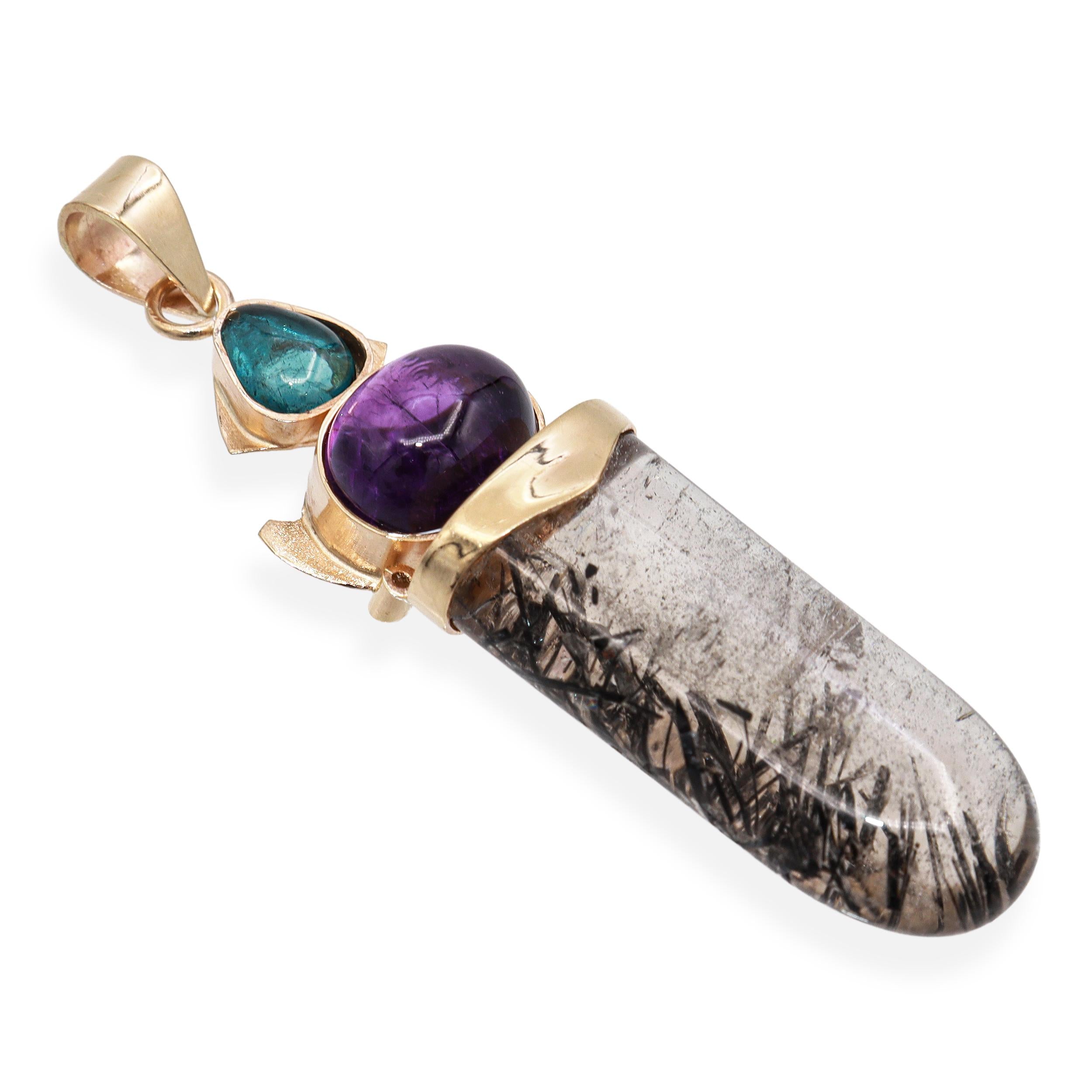 Vintage 13K Yellow Gold Sagenitic Quartz Tourmaline & Amethyst Pendant