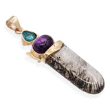 Vintage 13K Yellow Gold Sagenitic Quartz Tourmaline & Amethyst Pendant