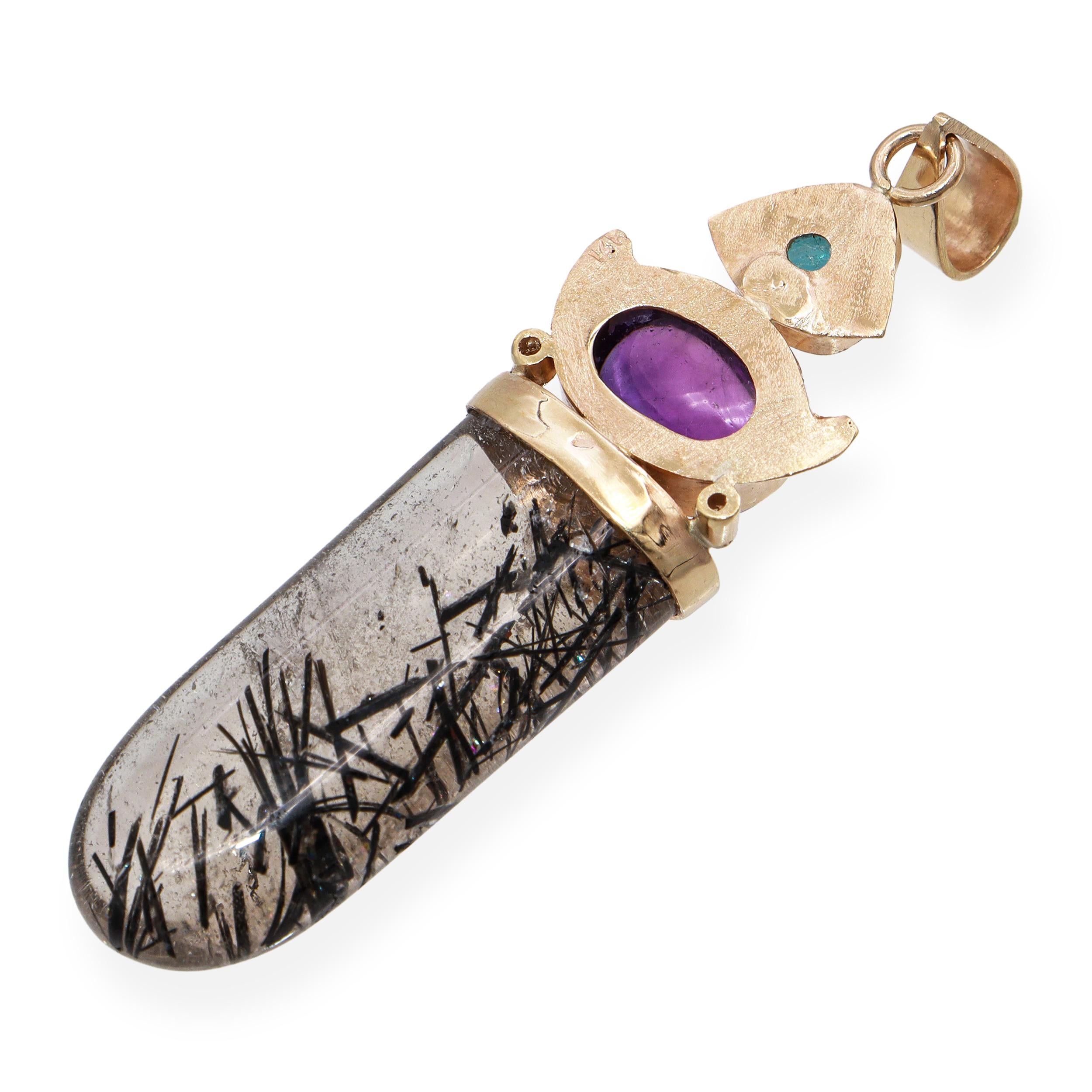 Vintage 13K Yellow Gold Sagenitic Quartz Tourmaline & Amethyst Pendant