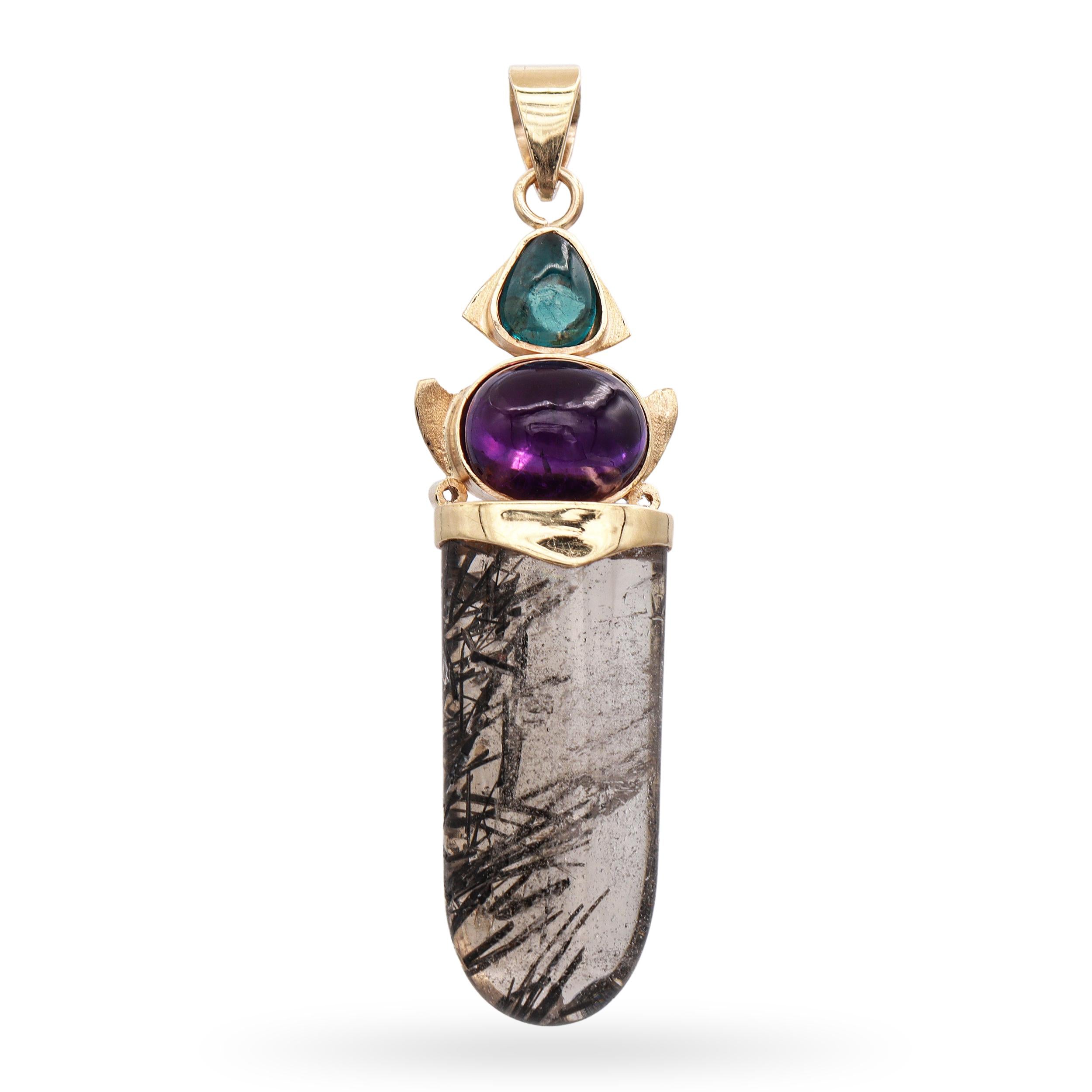 Vintage 13K Yellow Gold Sagenitic Quartz Tourmaline & Amethyst Pendant