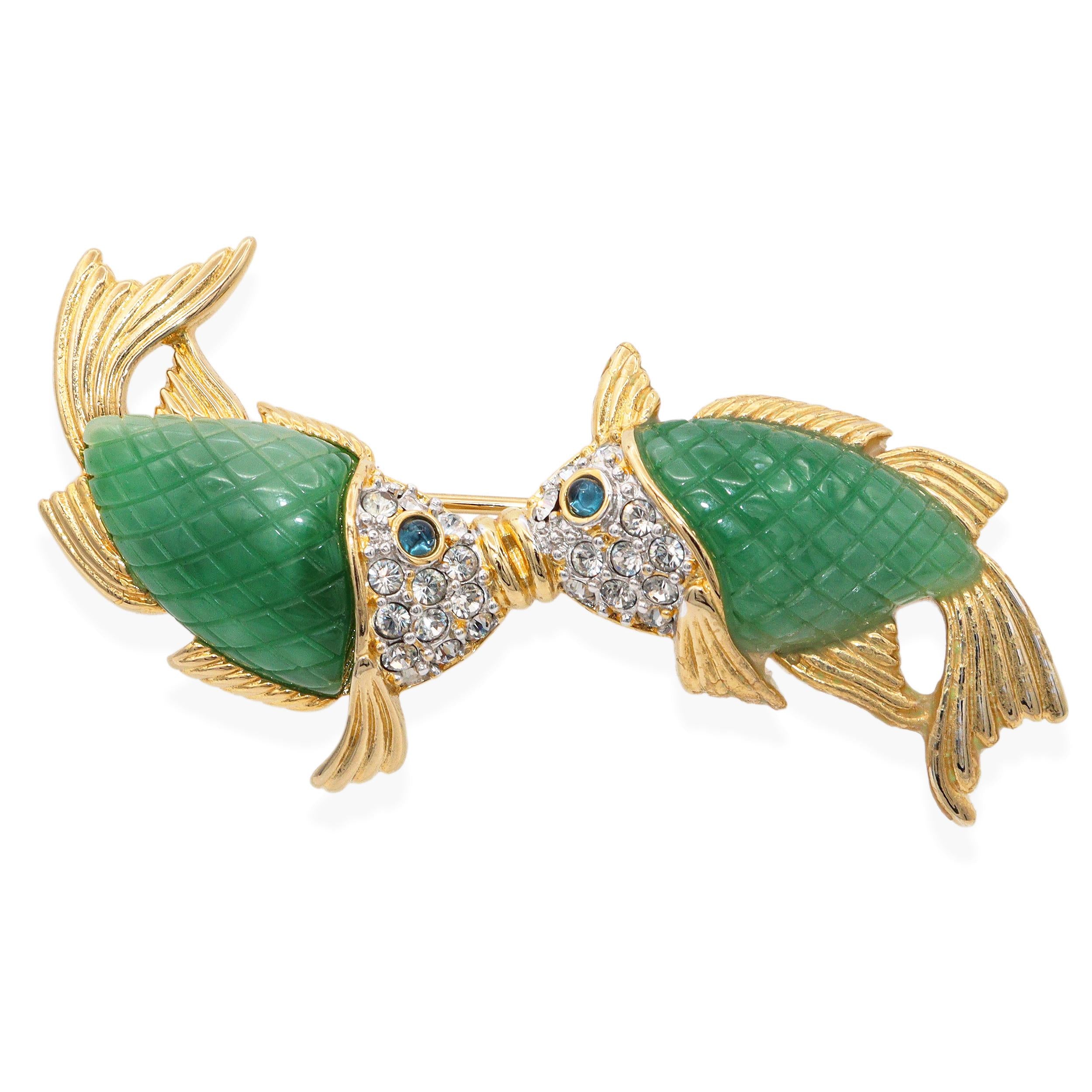 Vintage KJL by Kenneth Jay Lane Rhinestone Kissing Fish Brooch Pin