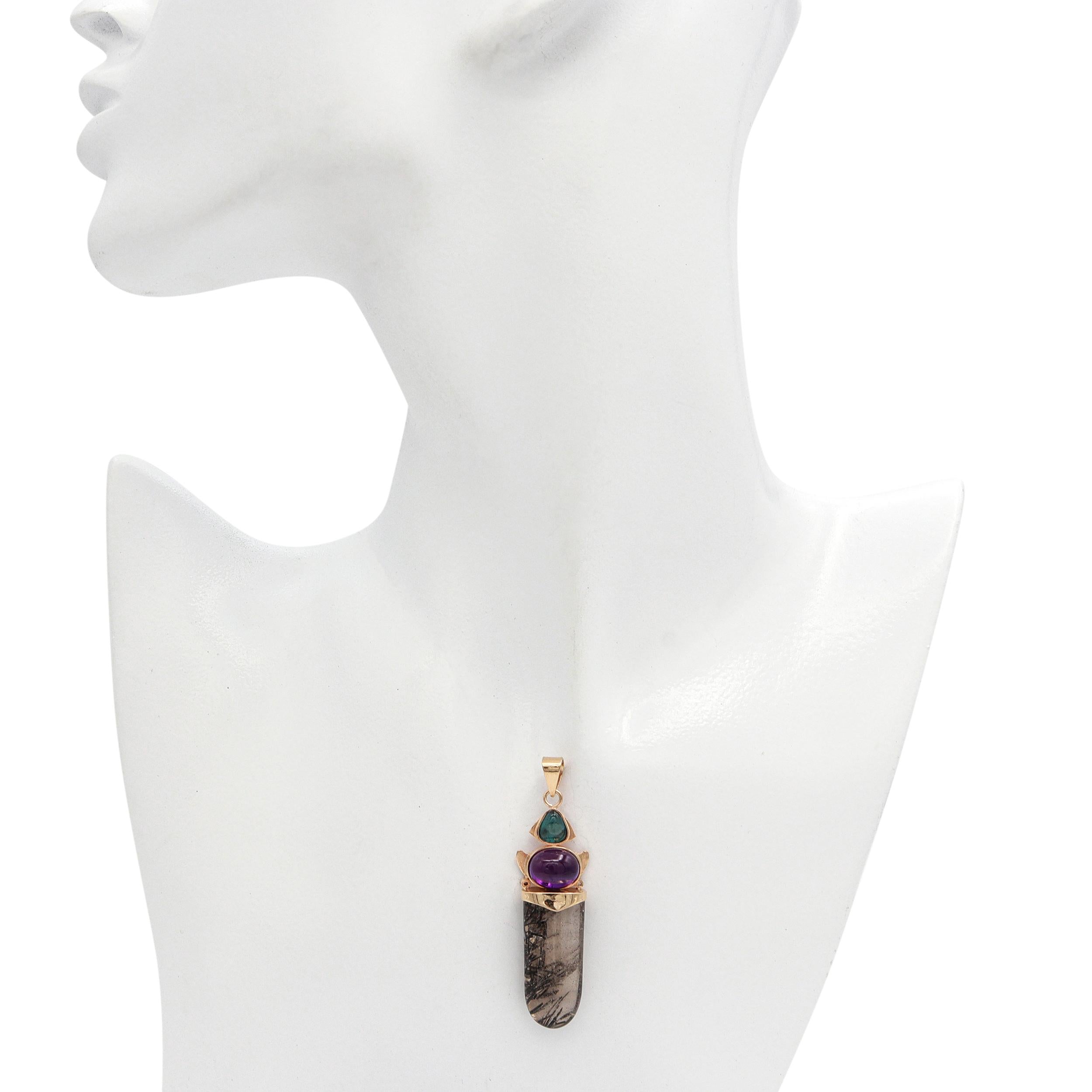 Vintage 13K Yellow Gold Sagenitic Quartz Tourmaline & Amethyst Pendant