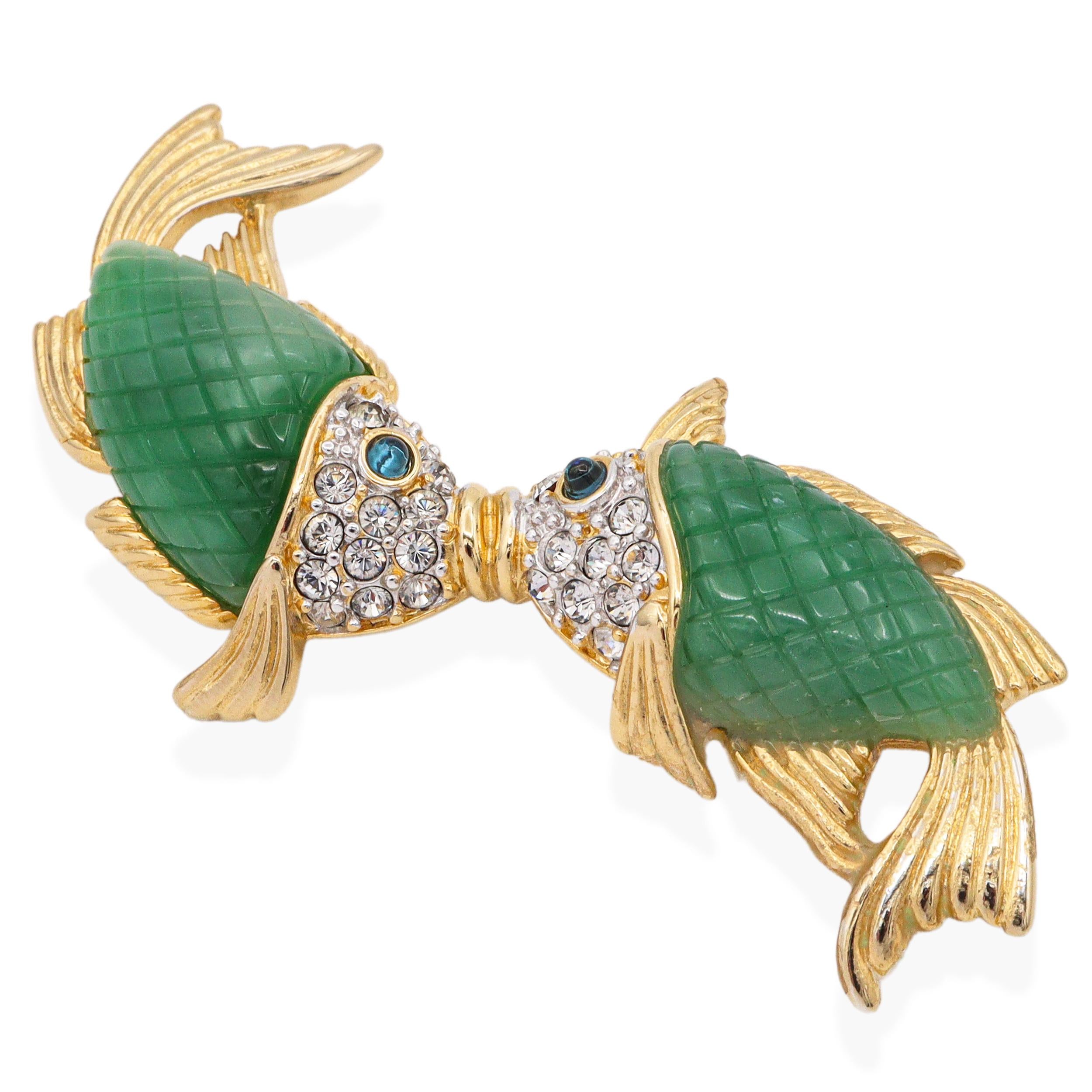 Vintage KJL by Kenneth Jay Lane Rhinestone Kissing Fish Brooch Pin