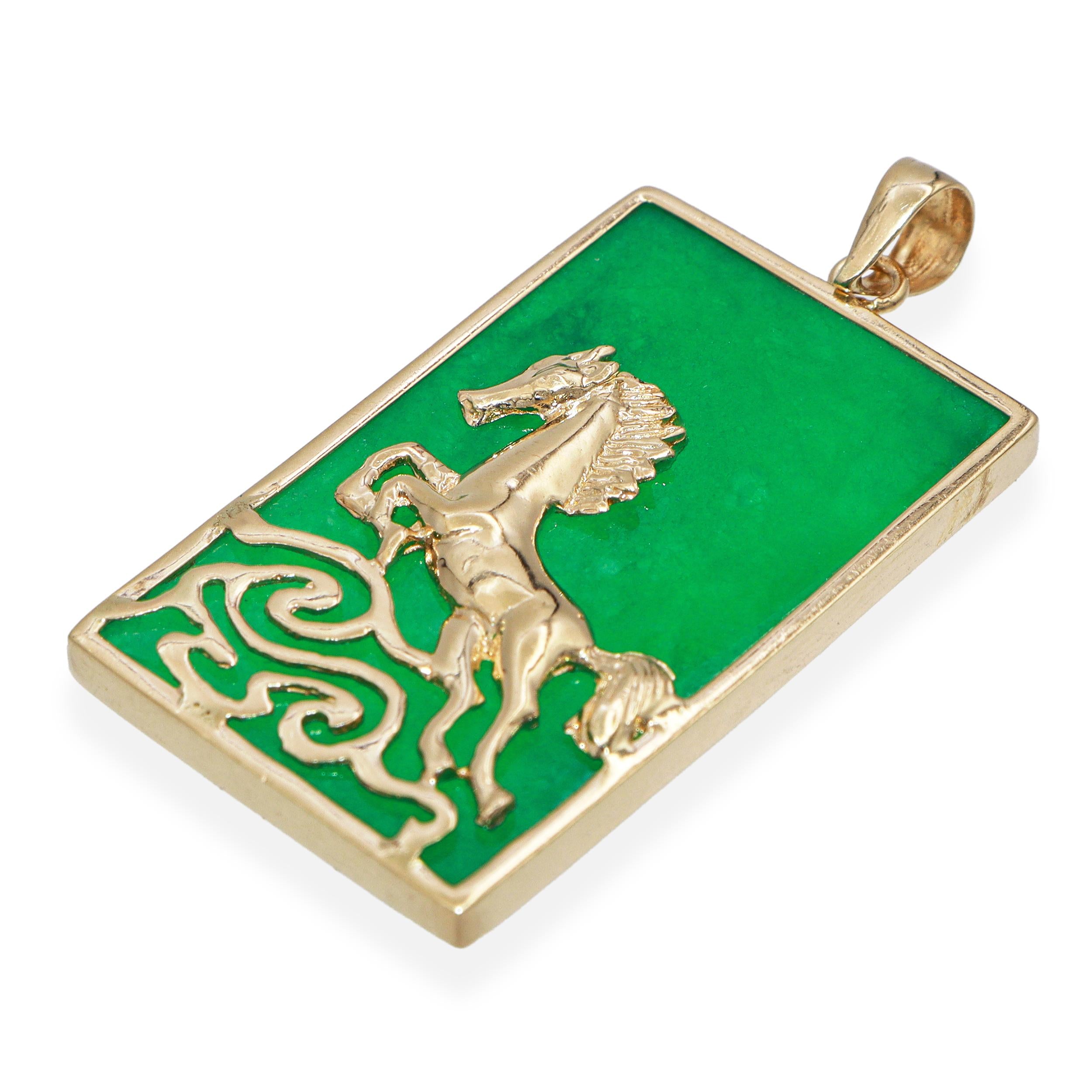 Vintage 14K Yellow Gold Green Jade Horse Pendant