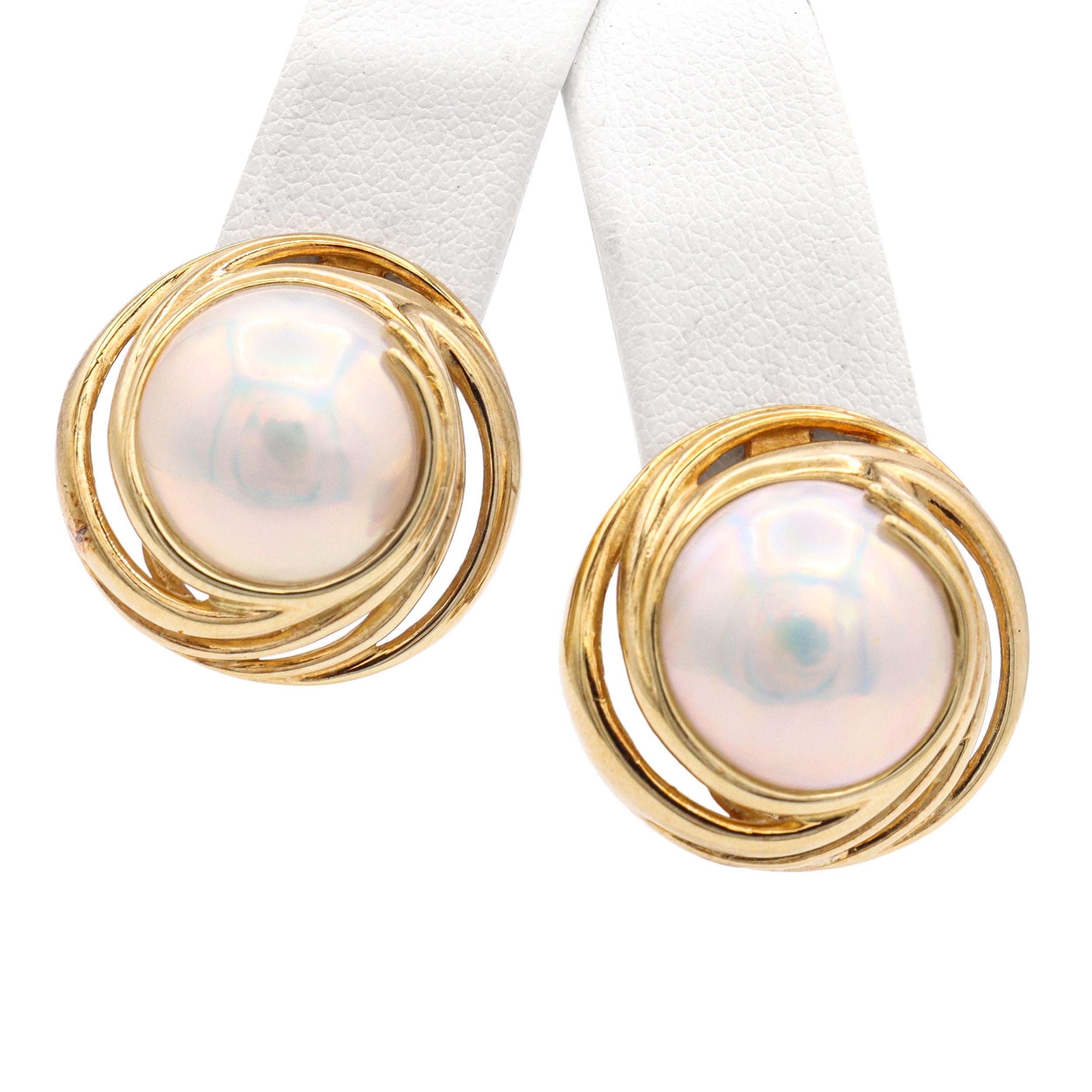 Vintage 14k Yellow Gold Mabe Pearl Omega Back Earrings