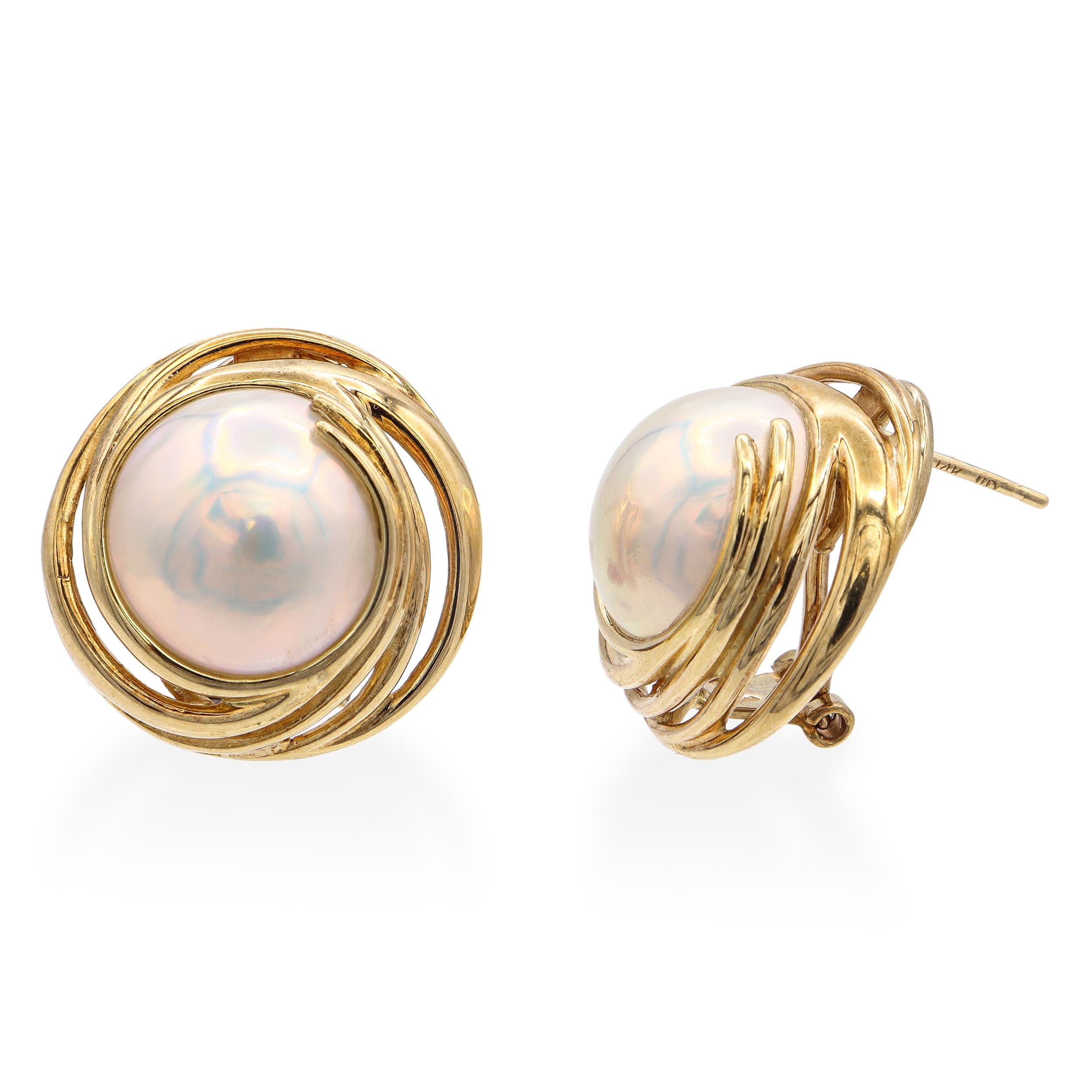 Vintage 14k Yellow Gold Mabe Pearl Omega Back Earrings