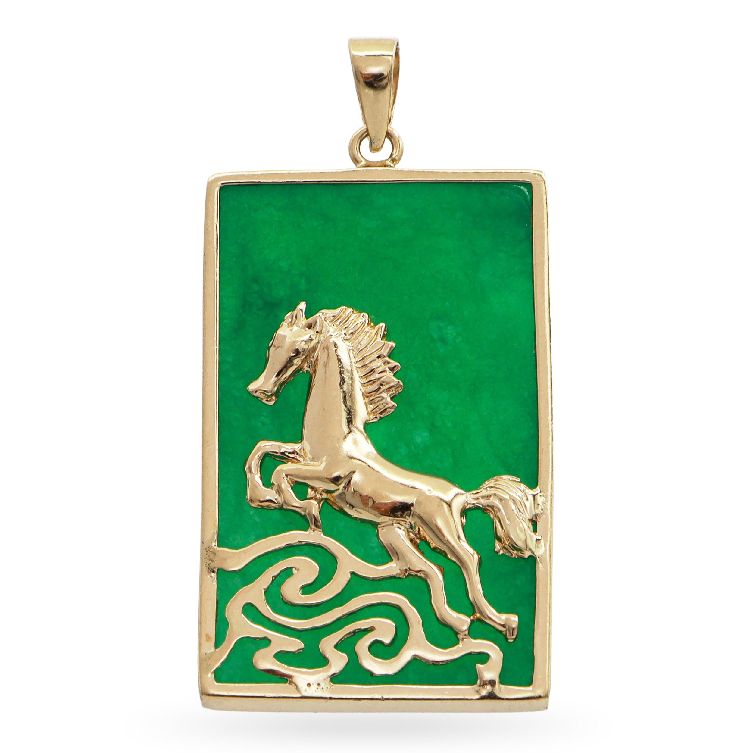 Vintage 14K Yellow Gold Green Jade Horse Pendant