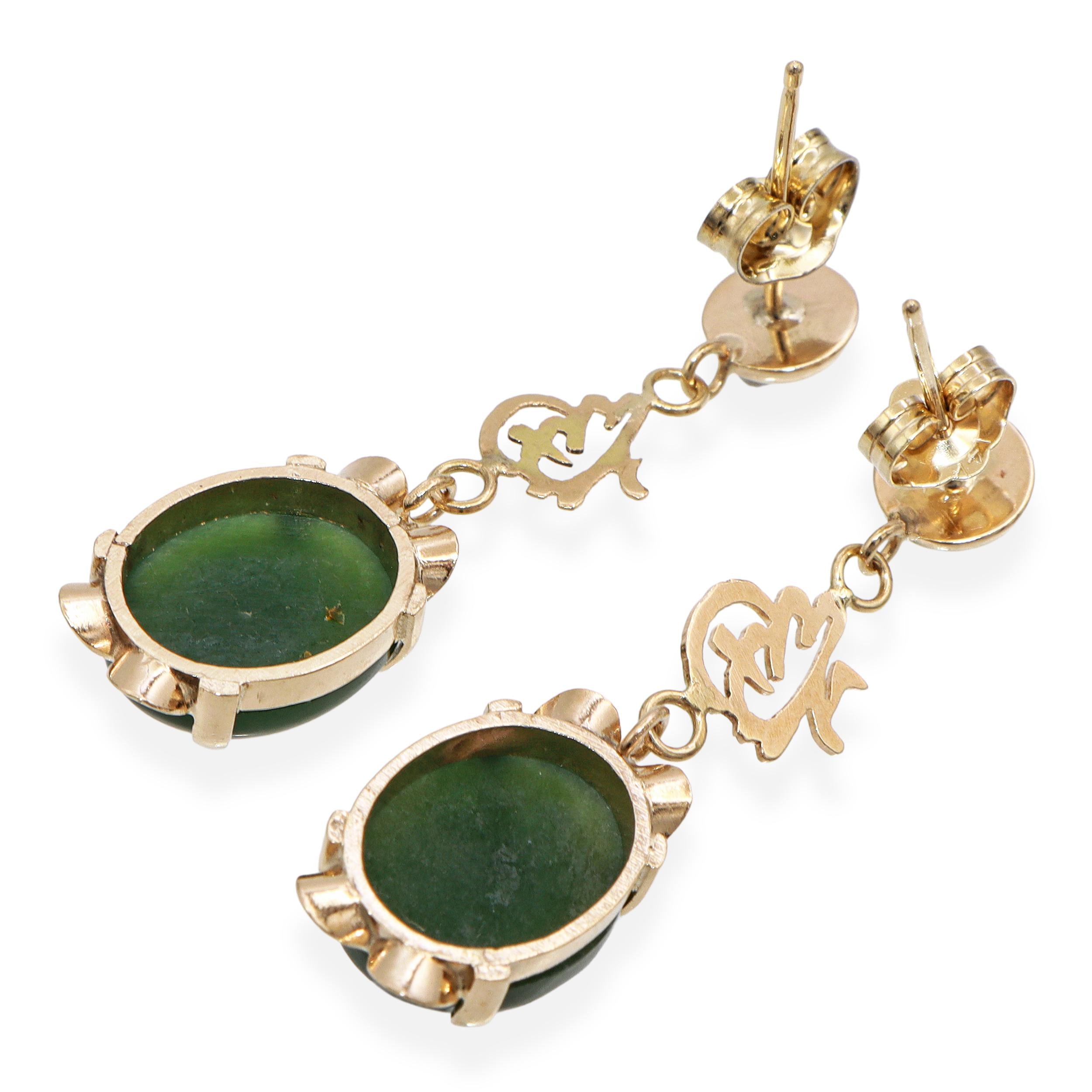 Vintage 12K Yellow Gold Nephrite Jade Good Fortune Dangle Earrings