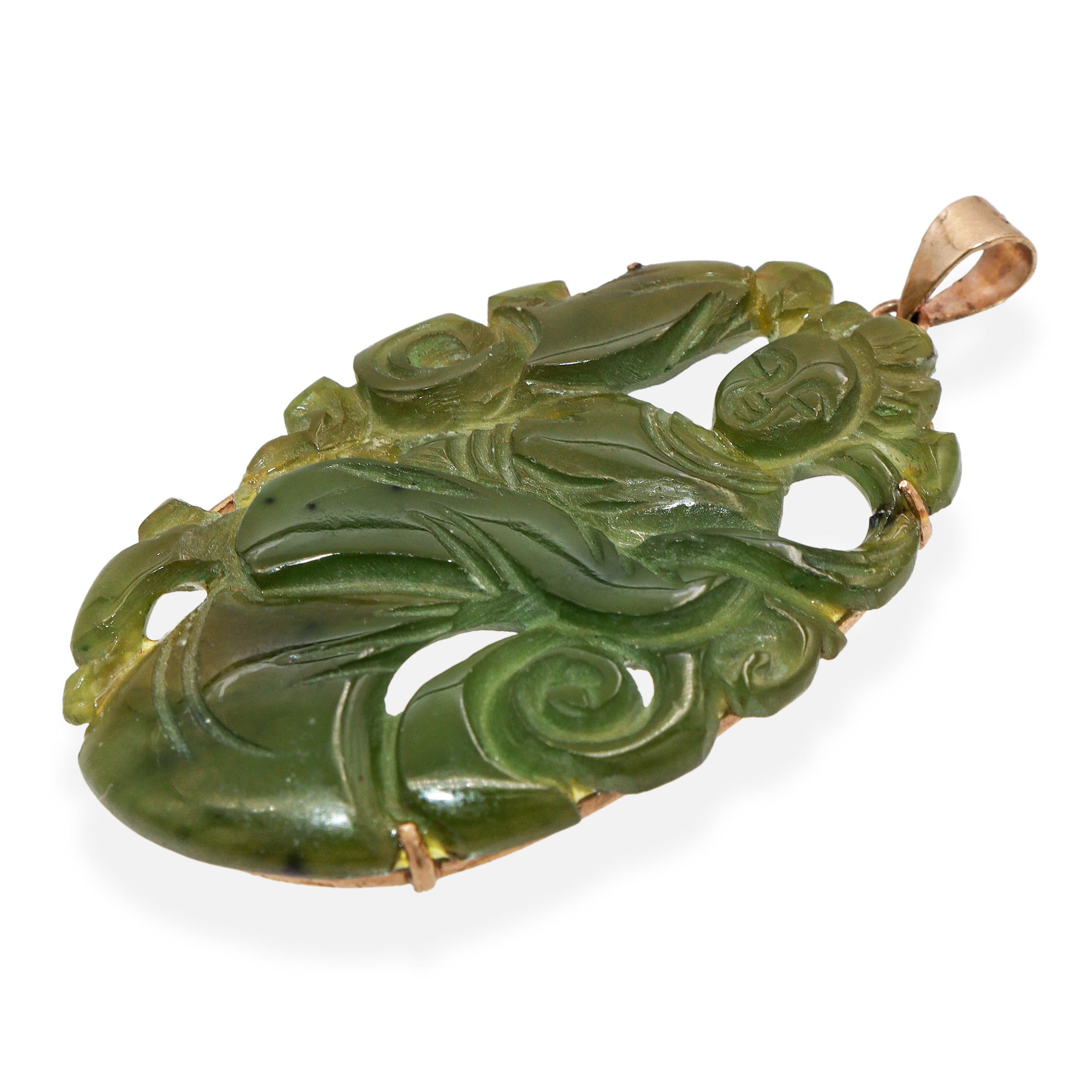 Vintage 10K Yellow Gold Carved Green Jade Female Figure Pendant