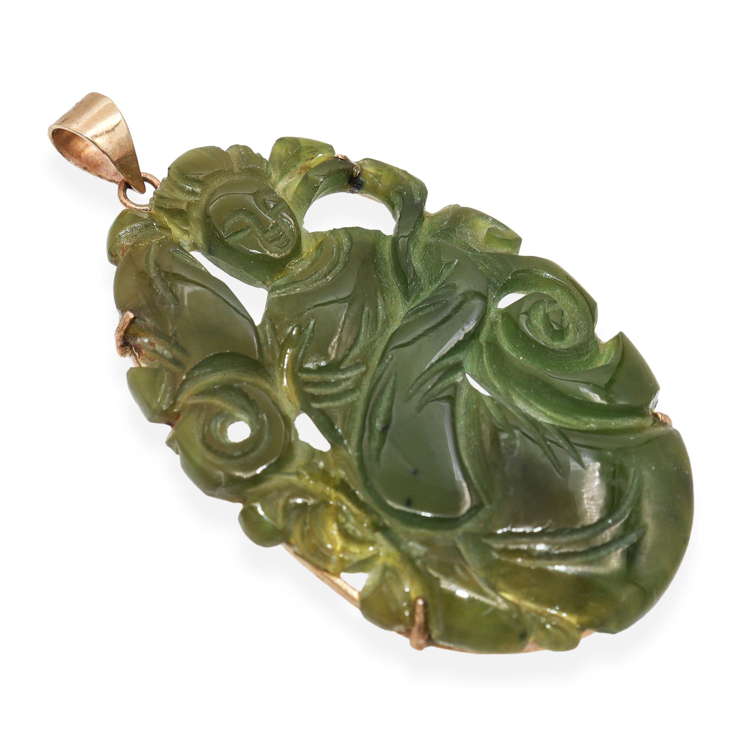 Vintage 10K Yellow Gold Carved Green Jade Female Figure Pendant