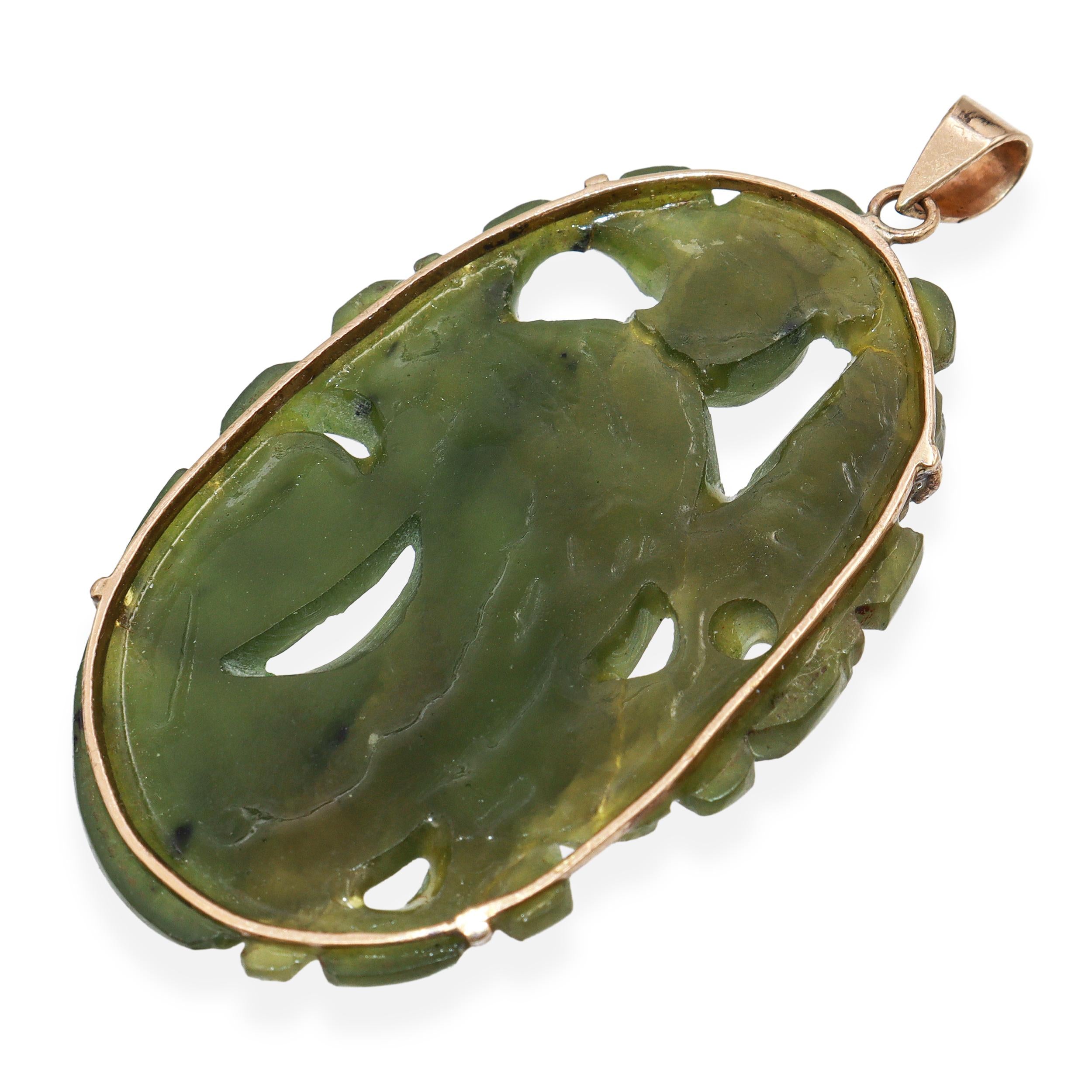 Vintage 10K Yellow Gold Carved Green Jade Female Figure Pendant