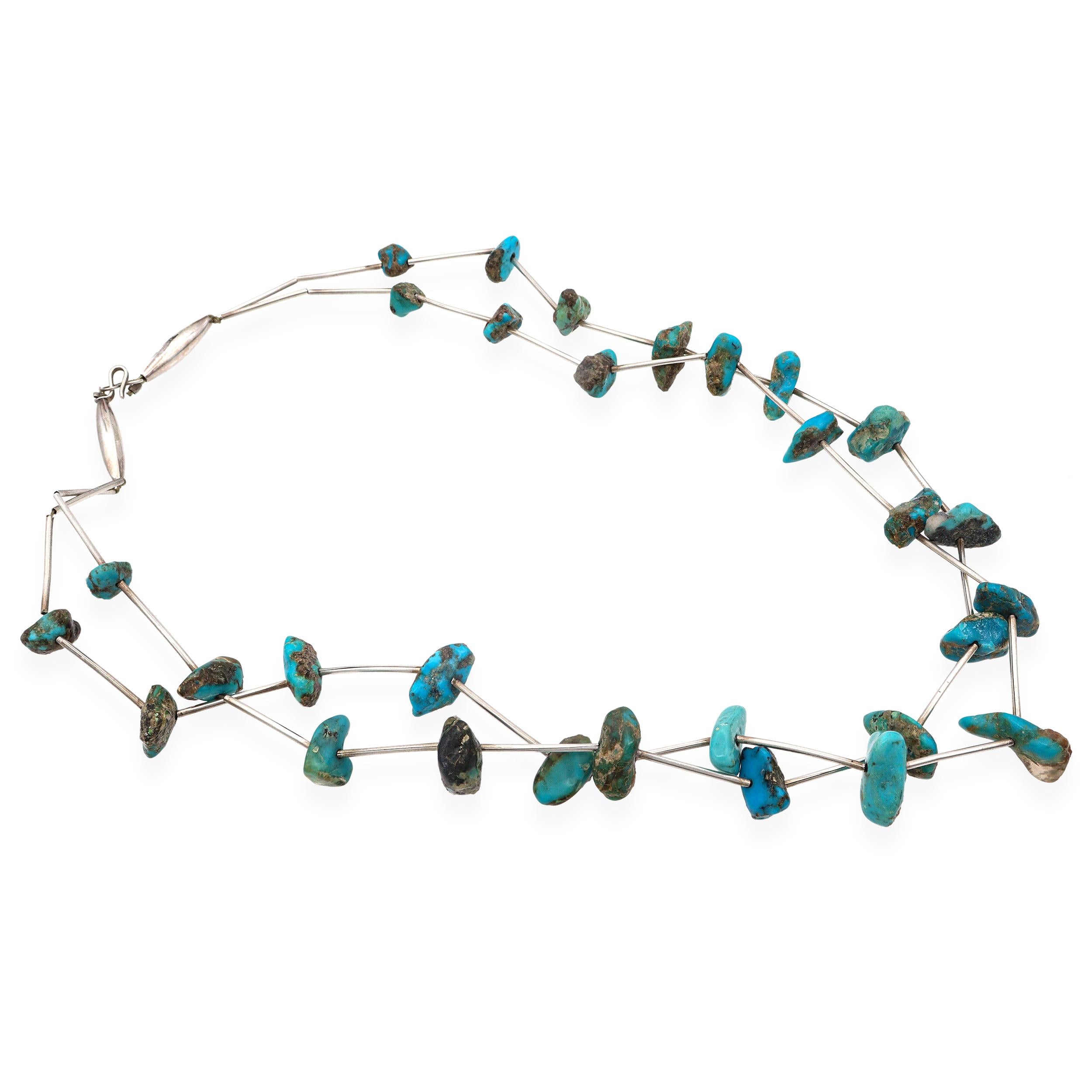 Vintage Southwestern Sterling Silver Turquoise Nugget Double Strand Necklace