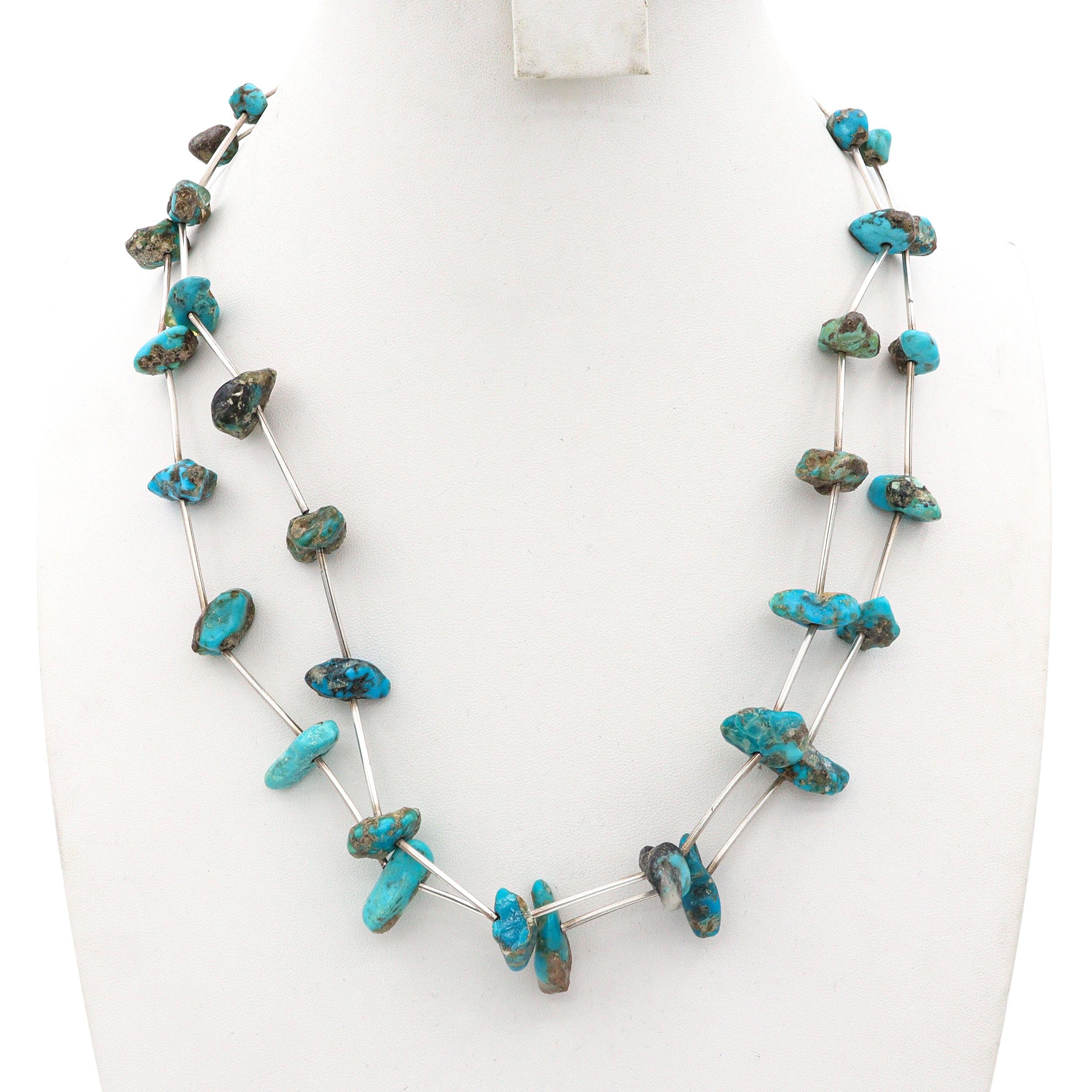 Vintage Southwestern Sterling Silver Turquoise Nugget Double Strand Necklace