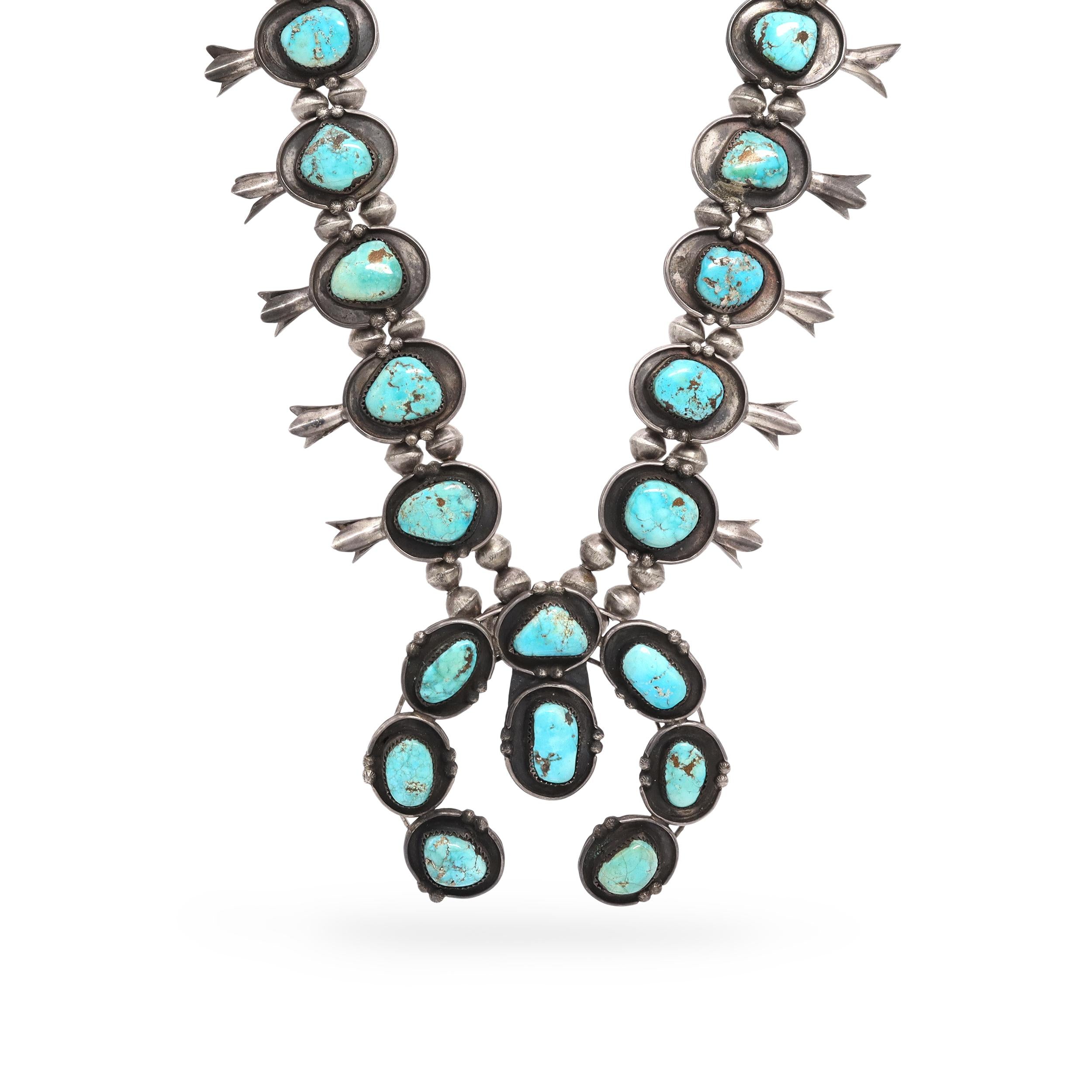 Vintage Southwestern Sterling Silver Turquoise Squash Blossom Necklace