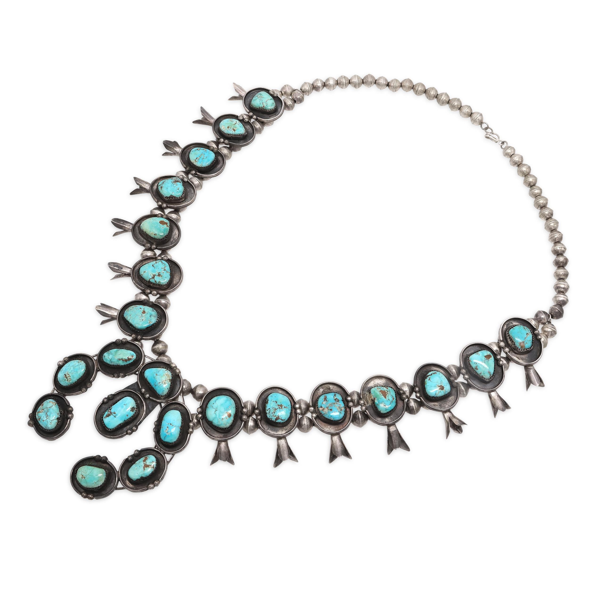 Vintage Southwestern Sterling Silver Turquoise Squash Blossom Necklace