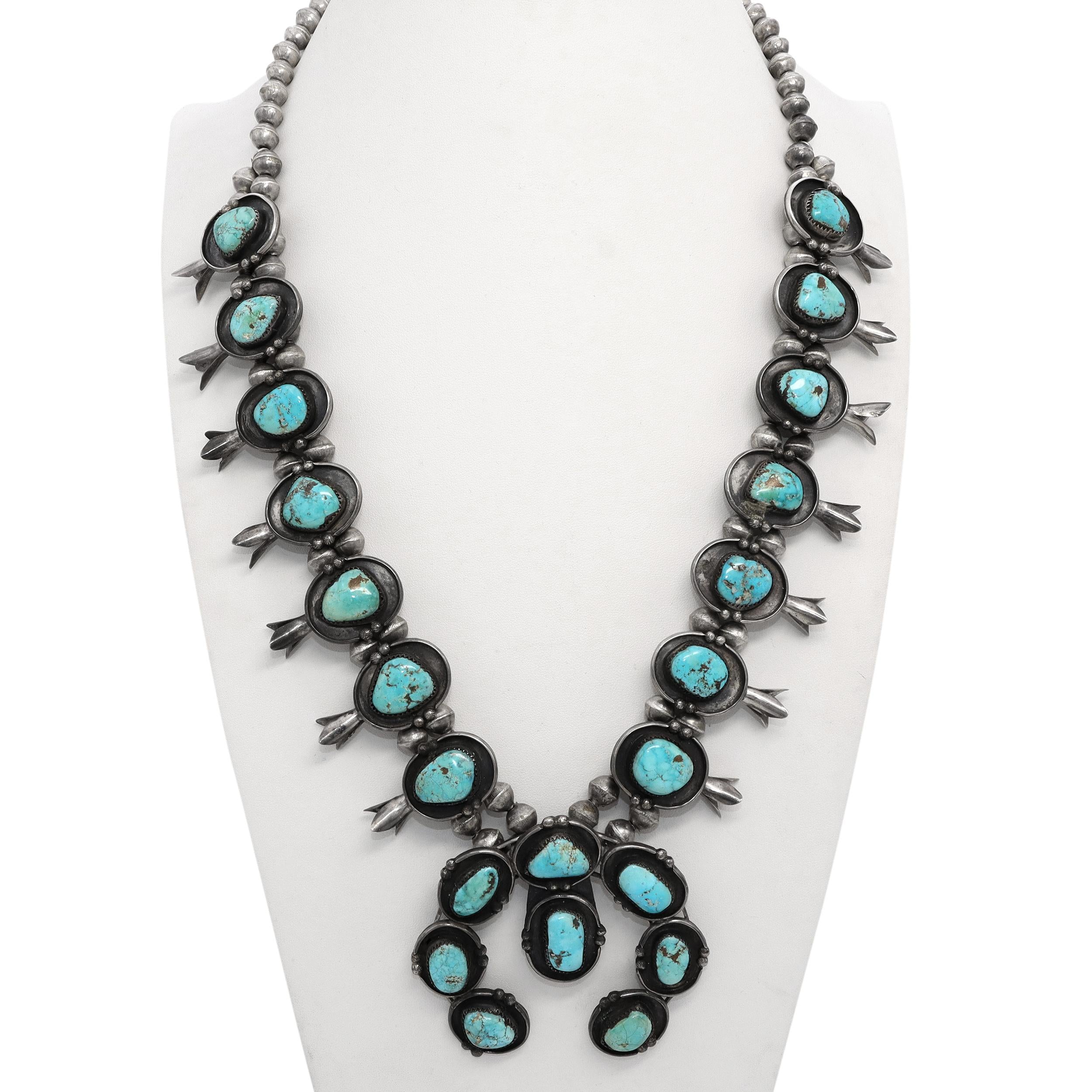 Vintage Southwestern Sterling Silver Turquoise Squash Blossom Necklace