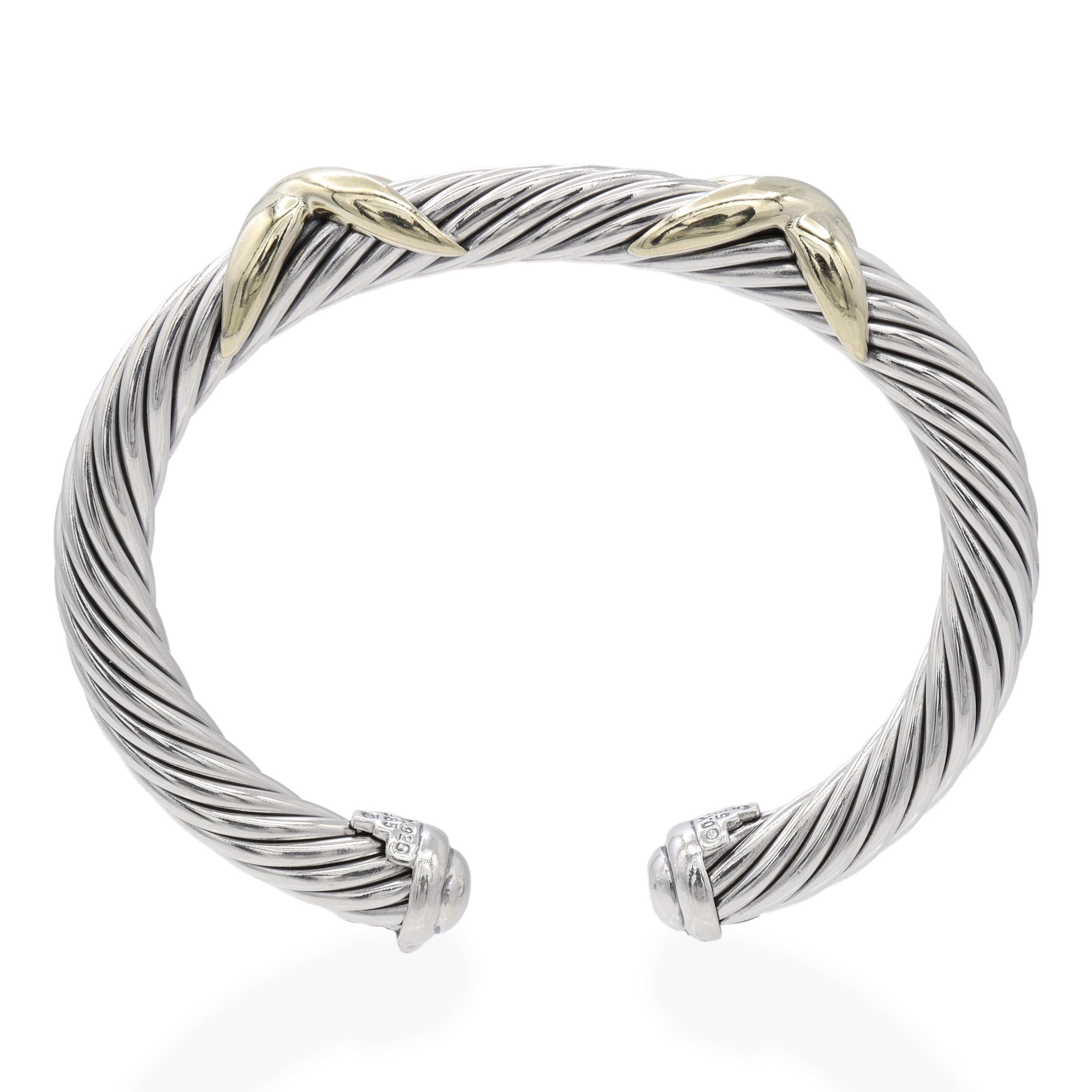David Yurman Sterling Silver & 14K Yellow Gold X Cable Cuff Bracelet