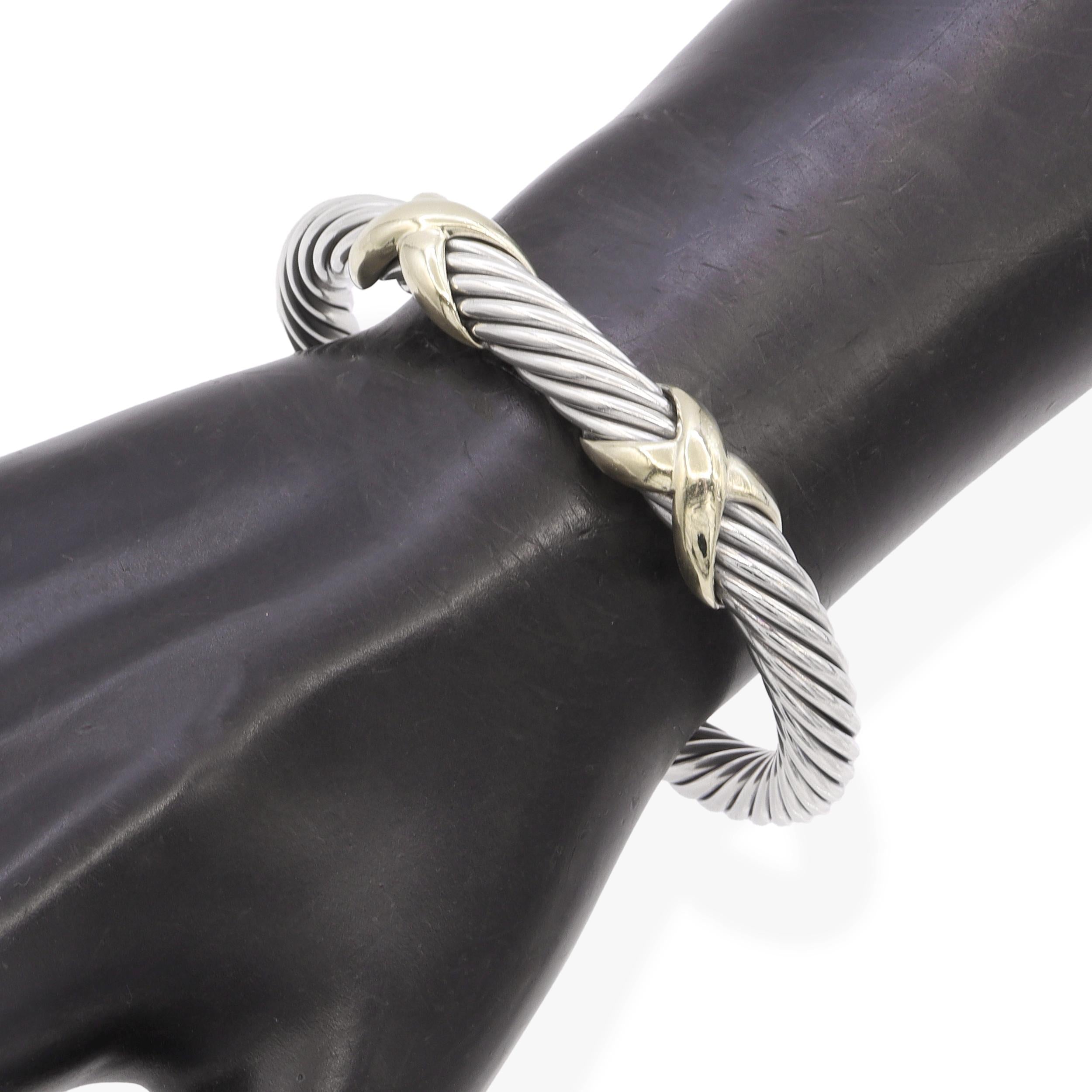 David Yurman Sterling Silver & 14K Yellow Gold X Cable Cuff Bracelet